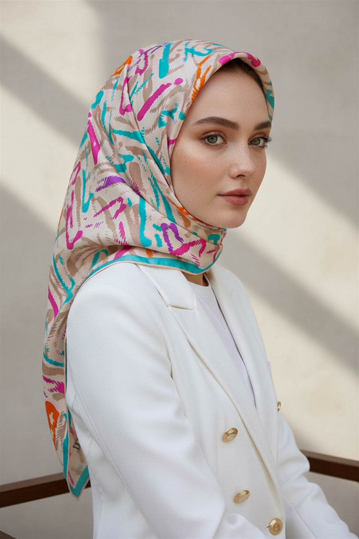 %100 Twill İpek Geometrik Desenli Turkuaz - Pembe Renkli 90x90 Eşarp Dikim Şekli : El Dikişi