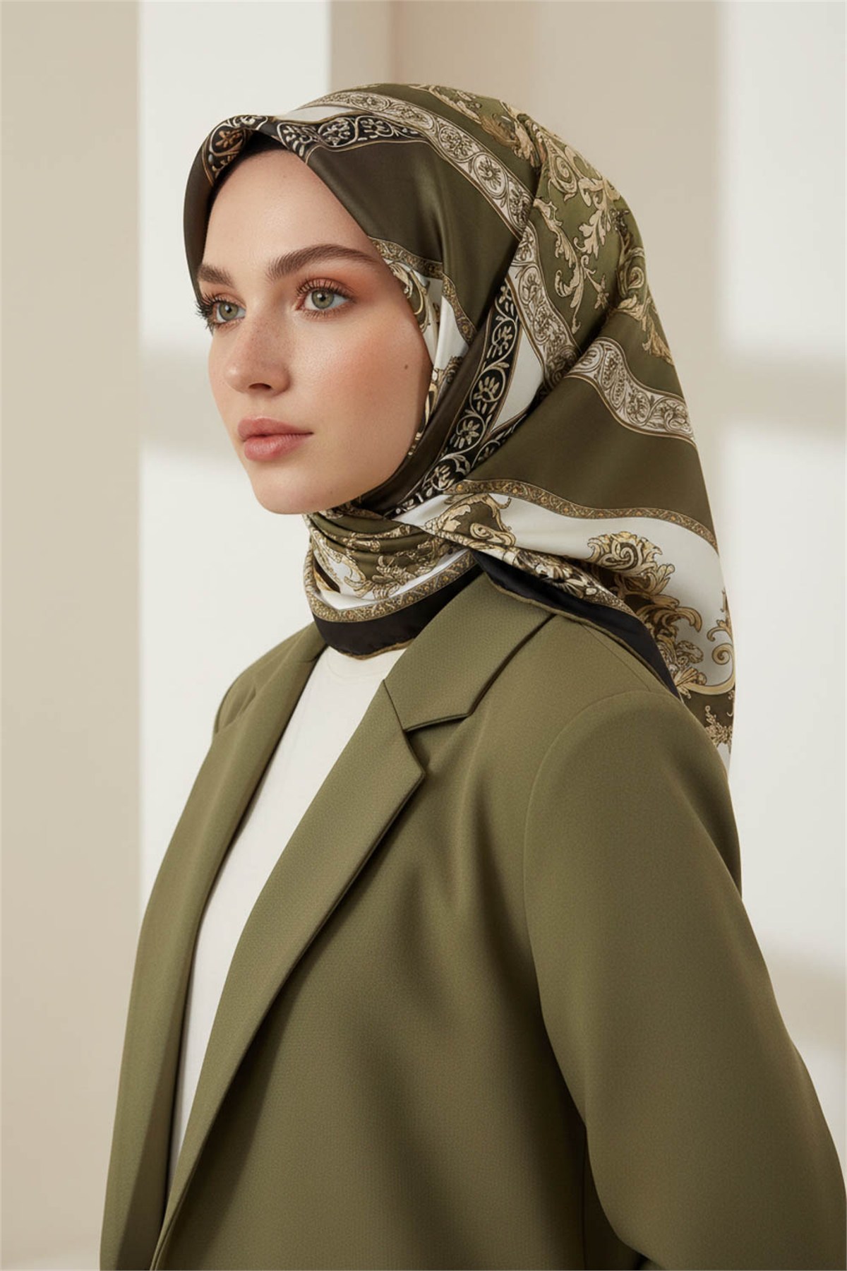 Twill Barok Desenli Haki Yeşili Renkli 90x90 Eşarp (İpek İçermez) Kenar Dikiş Şekli El Dikişli
