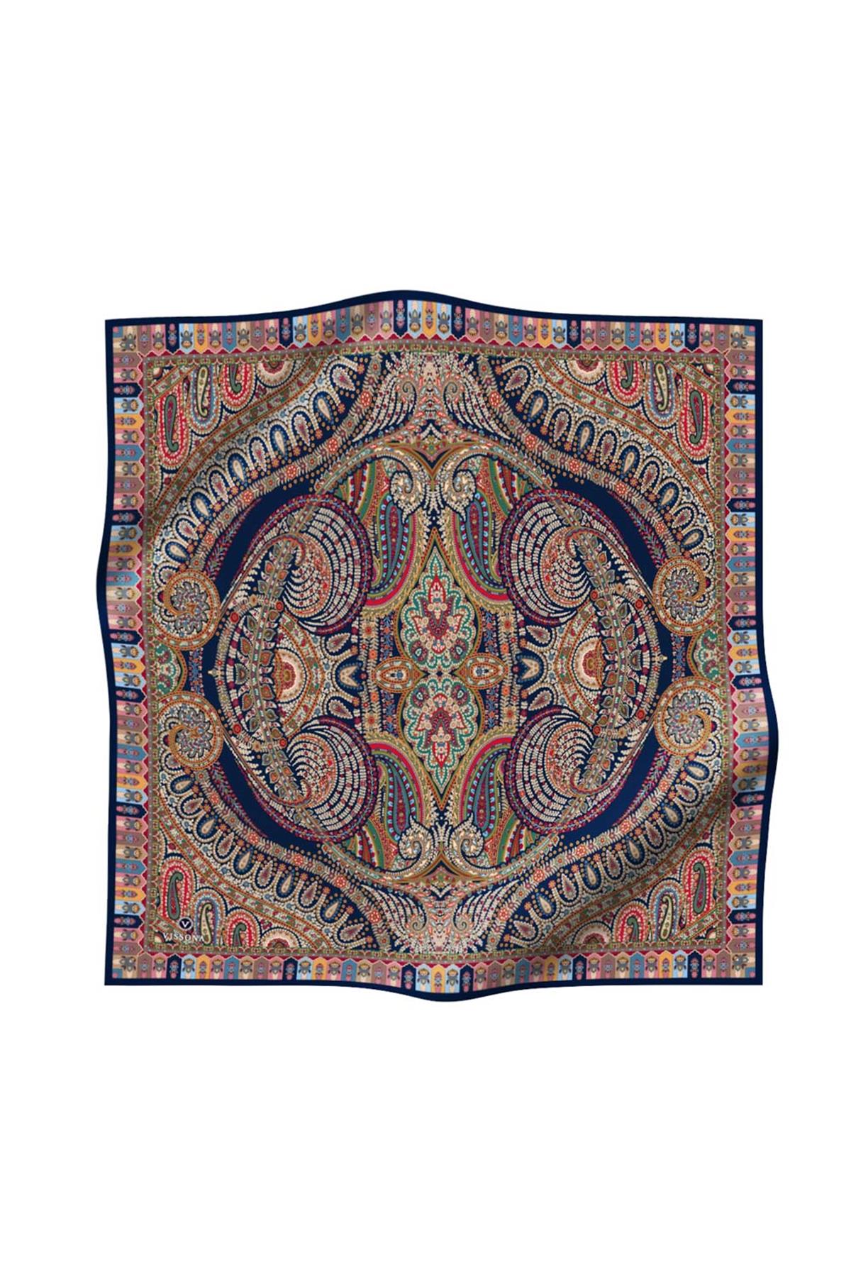 %100 Twill İpek Etro Desenli Lacivert Renkli 90x90 Eşarp Dikim Şekli : El Dikişi