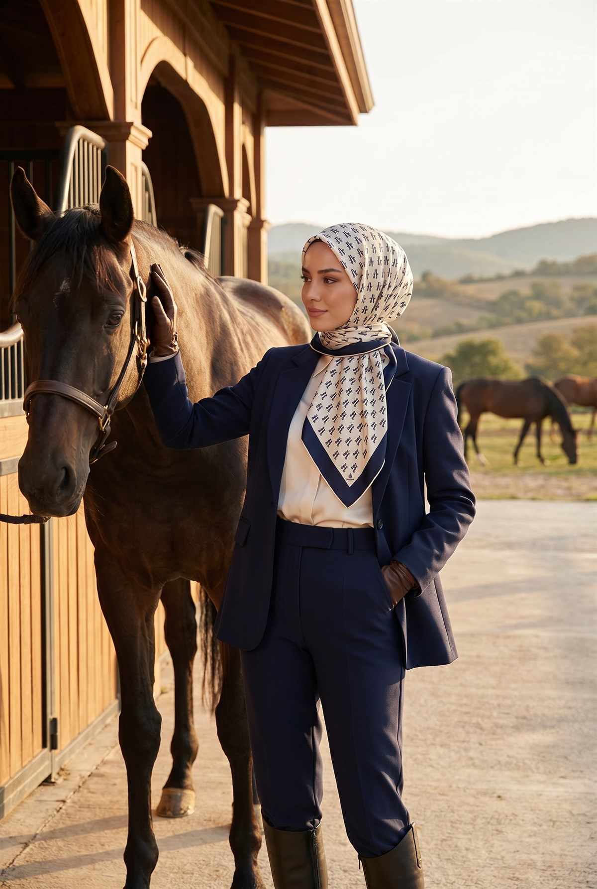 %100 Twill İpek Geometrik Desenli Krem - Lacivert Renkli 90x90 Eşarp Dikim Şekli : El Dikişi