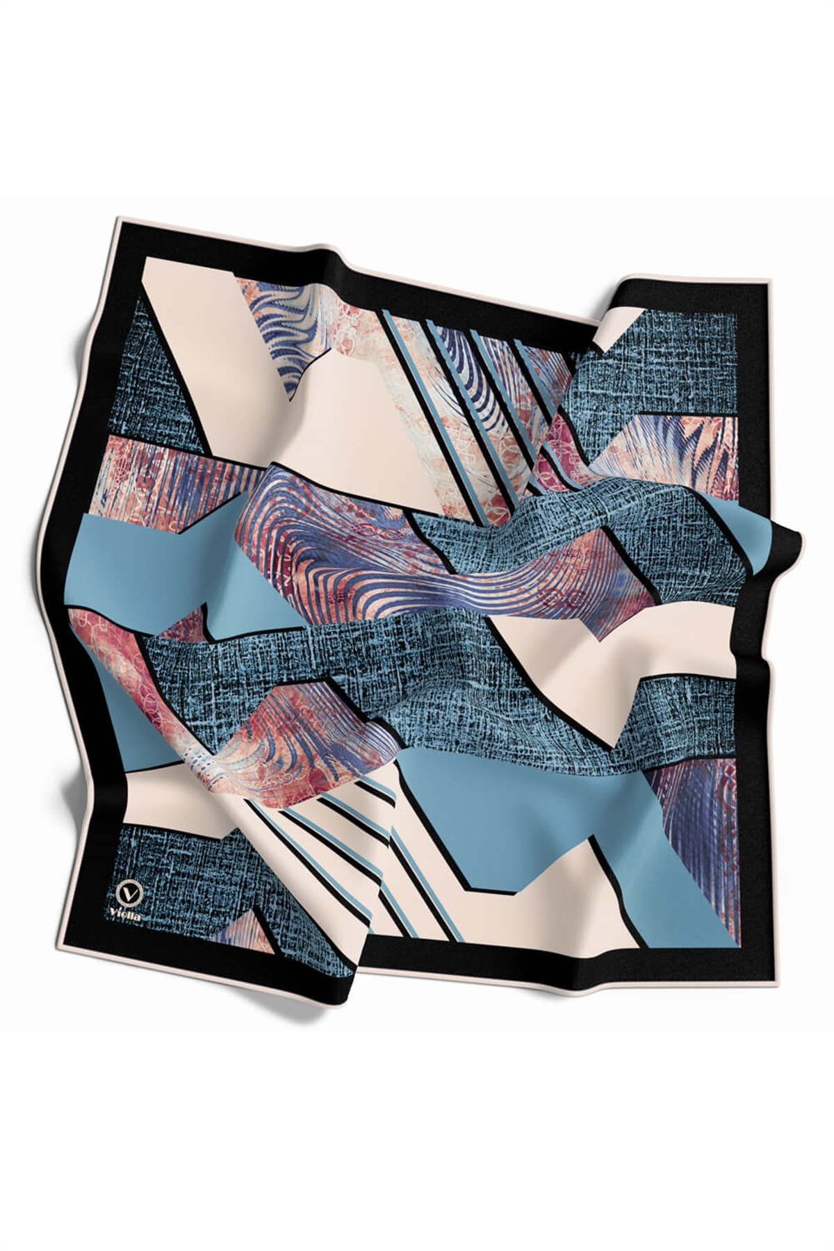 Twill Dalgalı Geometrik Desenli Petrol Mavisi Renkli 90x90 Eşarp (İpek İçermez) Kenar Dikiş Şekli El Dikişli