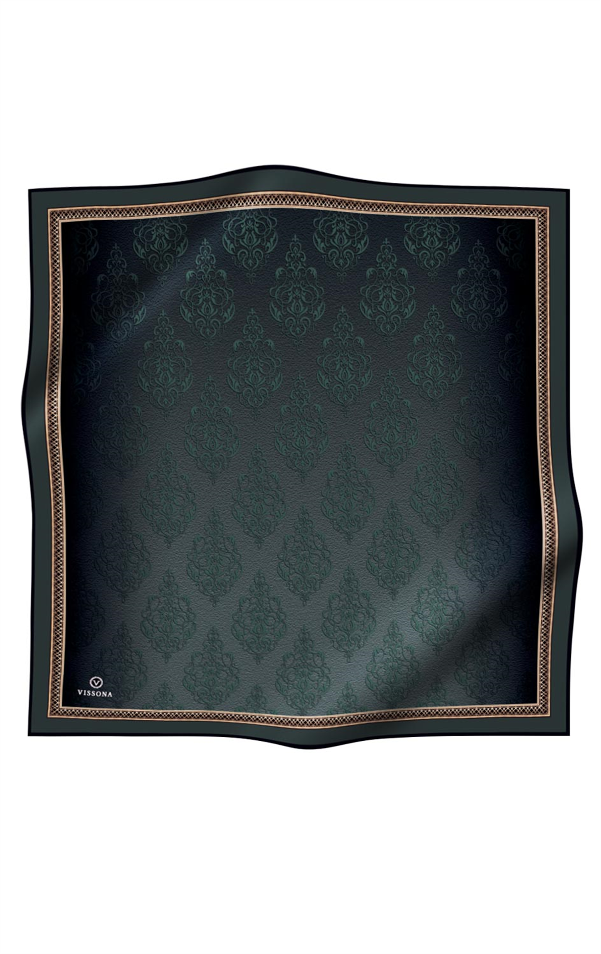 % 57 İPEK % 43 VİSKON Twill Barok Desenli Zümrüt Yeşili Renkli 90x90 Eşarp Dikim Şekli: El Dikişi