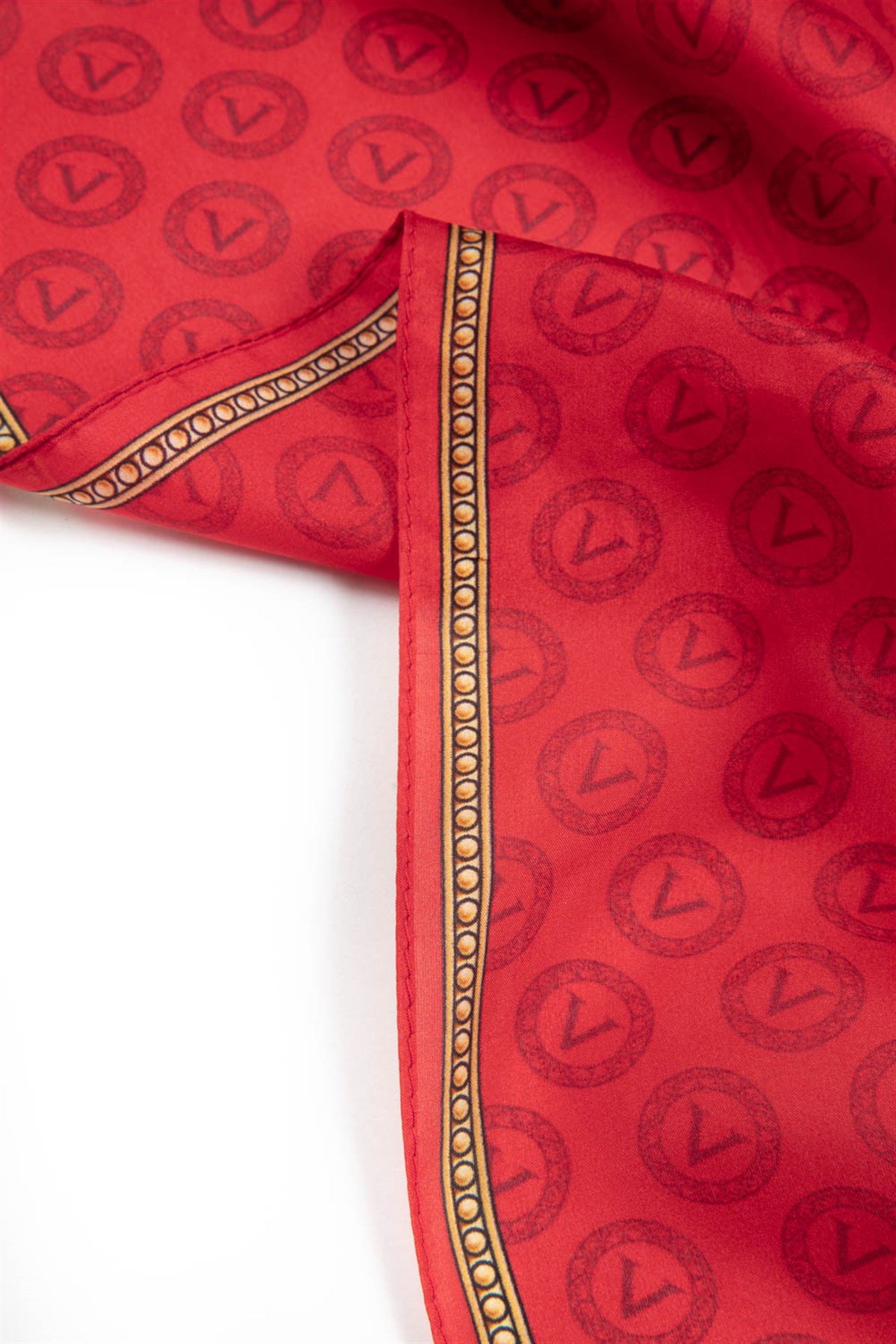 %100 İpek Degradeli Ve Monogram Desenli Kırmızı - Gold Renkli 92x210 Şal