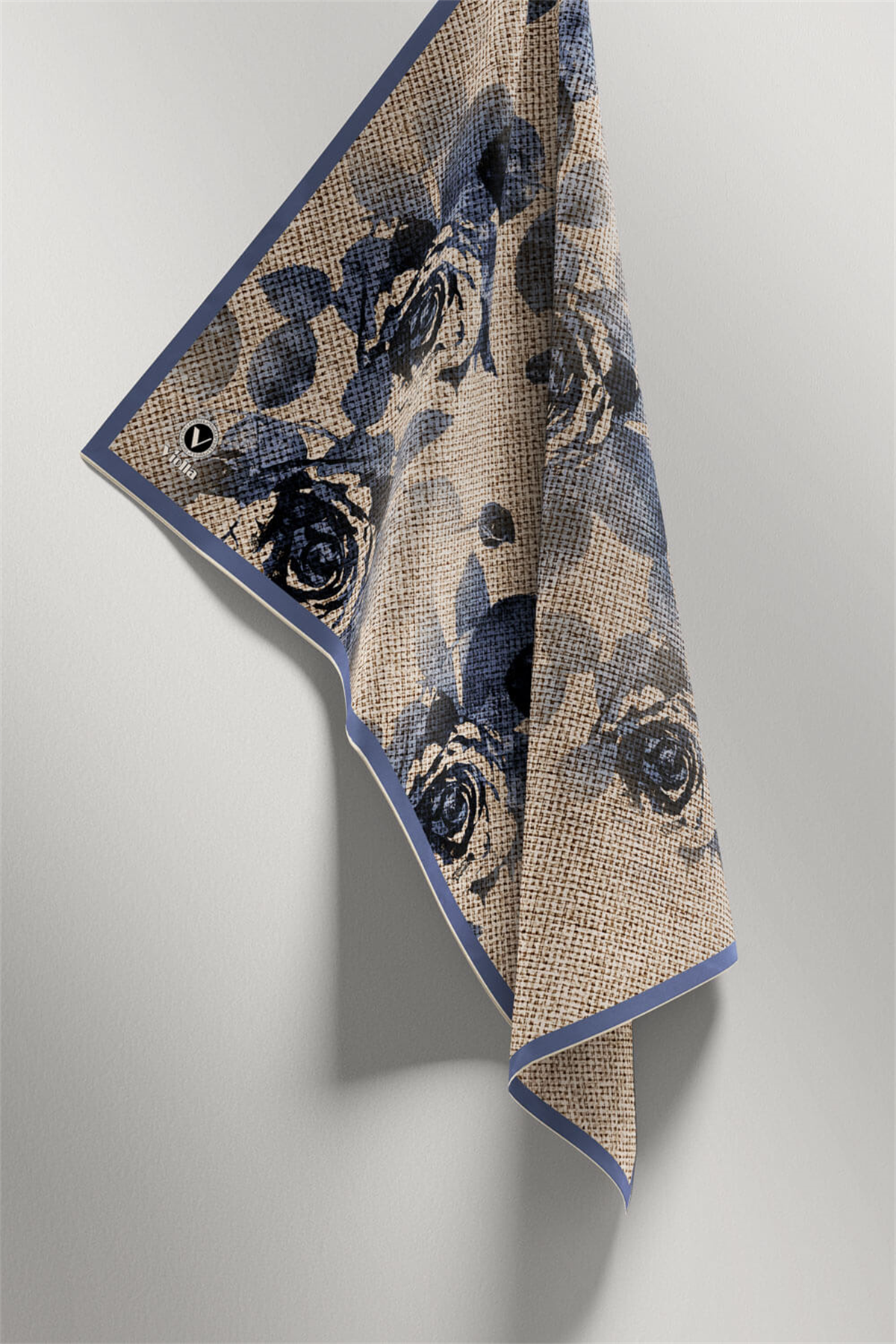 Twill Gül Desenli İndigo Mavisi Renkli 90x90 Eşarp (İpek İçermez) Kenar Dikiş Şekli El Dikişli