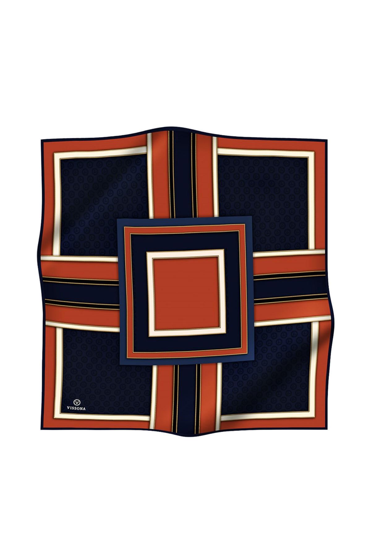 %100 Twill Geometrik Monogram Desenli Lacivert - Taba Renkli 90x90 Eşarp Kenar Dikiş Şekli : El Dikişli