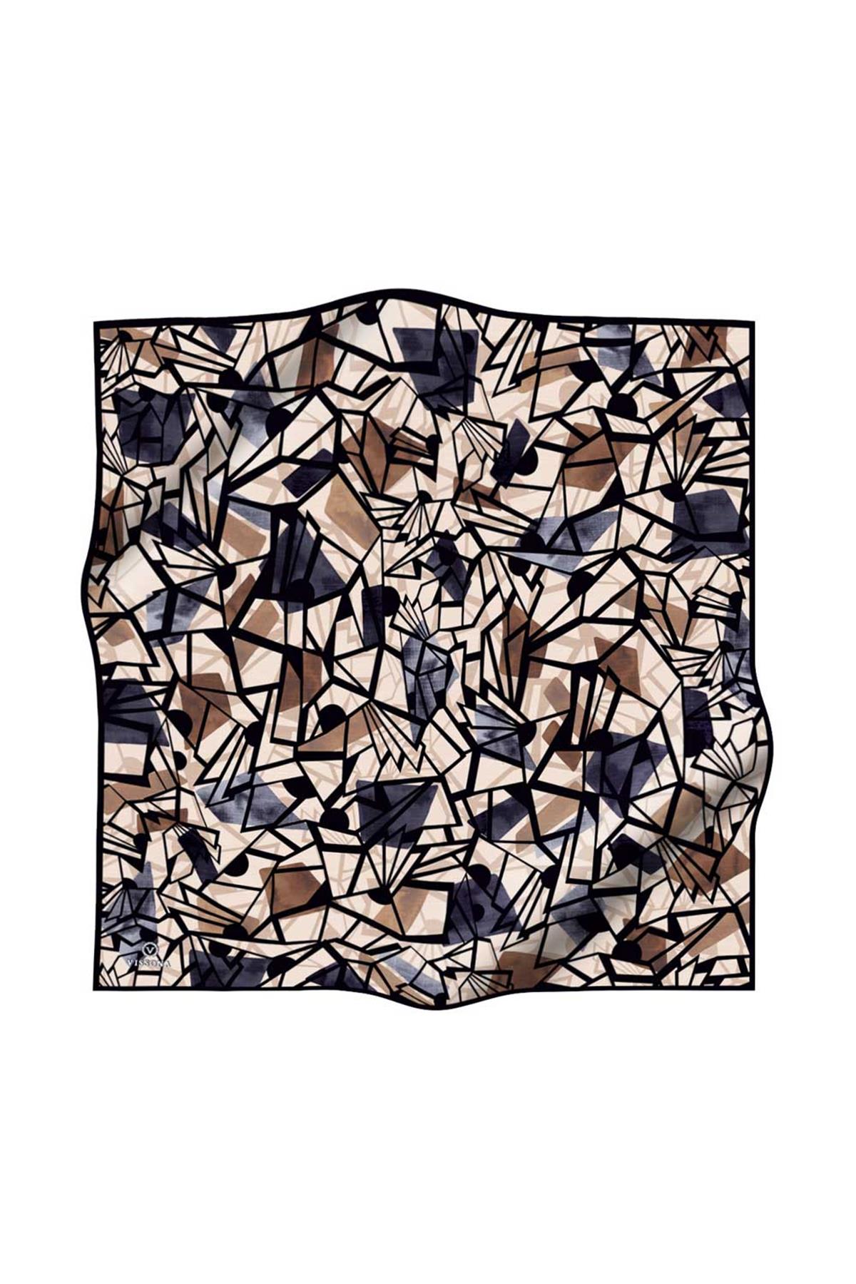 %100 Twill Renkli Petek Desenli Bej - Gri Renkli 90x90 Eşarp Dikim Şekli: El Dikişii