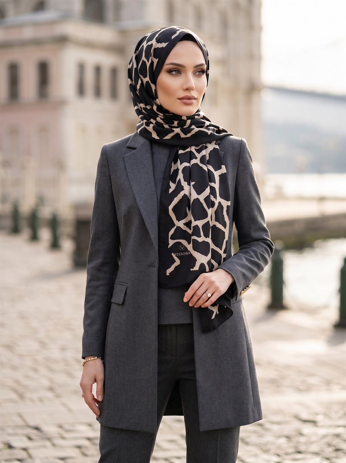 KREP TAŞ DESENLİ SİYAH - BEJ RENKLİ 75X195 KIRIŞMAZ ŞAL