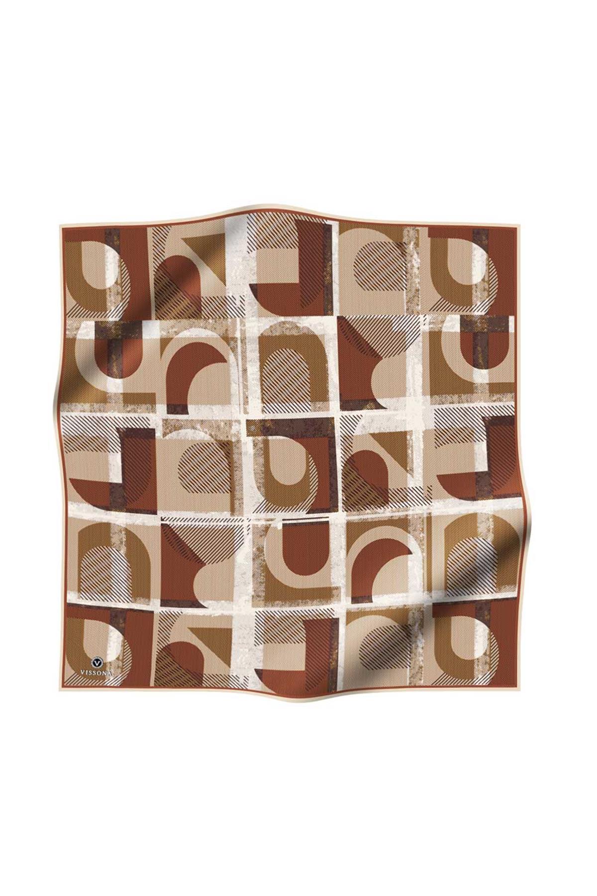 %100 Twill İpek Geometri Desenli Krem - Kahve Renkli 90x90 Eşarp Kenar Dikiş Şekli El Dikişli