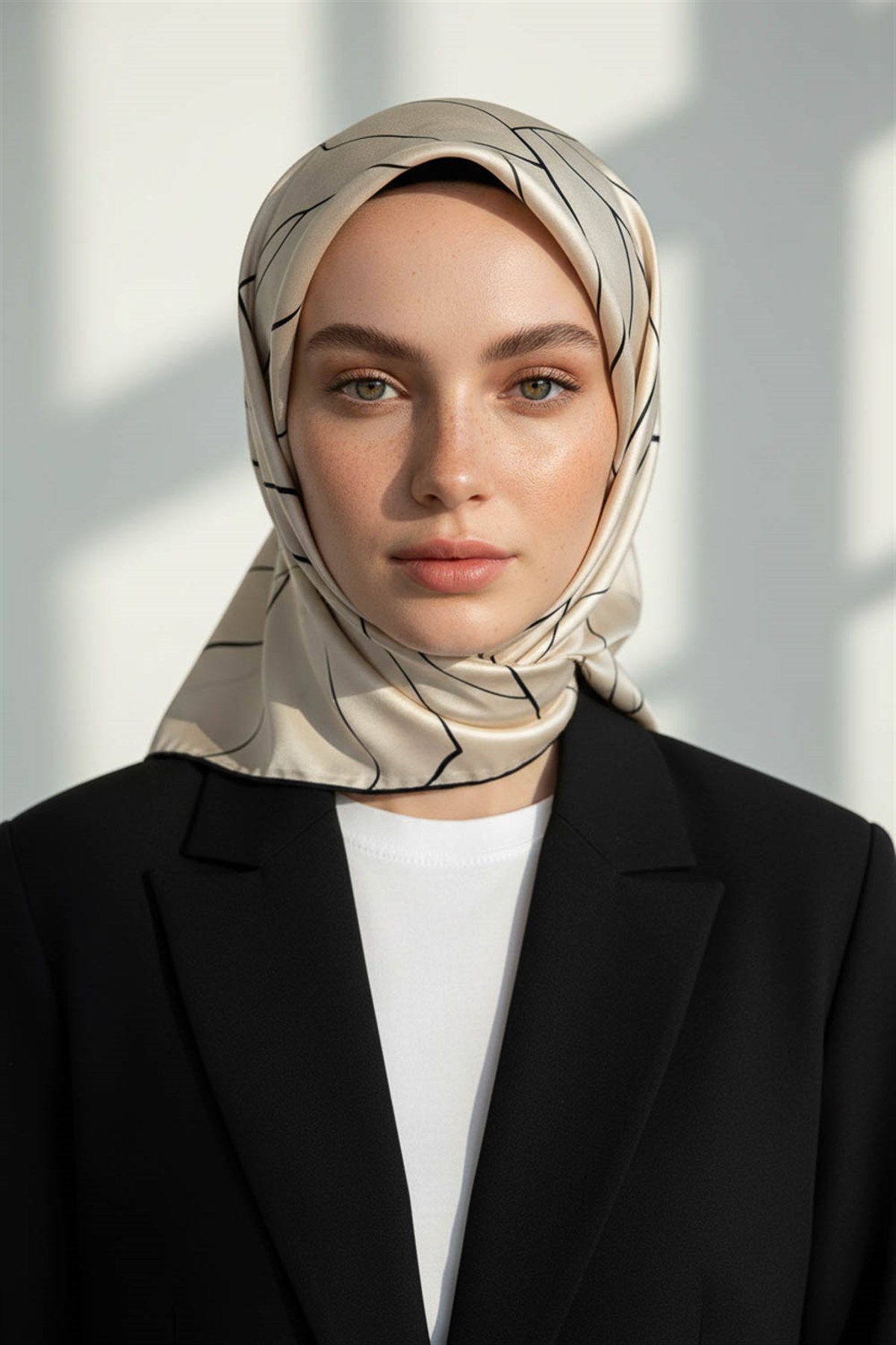 %100 Twill İpek Çizgi Desenli Krem - Siyah Renkli 90x90 Eşarp Dikim Şekli : El Dikişi