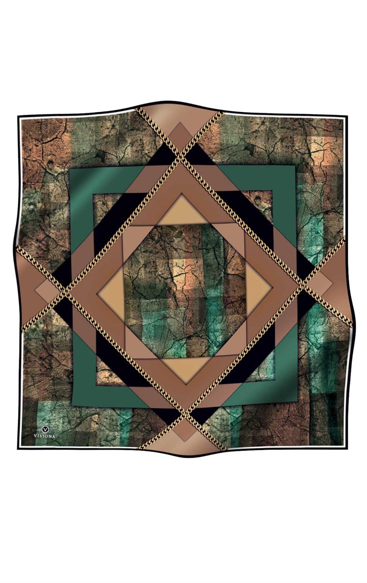 %100 Twill İpek Taş Efekti Desenli Petrol Yeşili - Siyah Renkli 90x90 Eşarp Dikim Şekli : El Dikişi