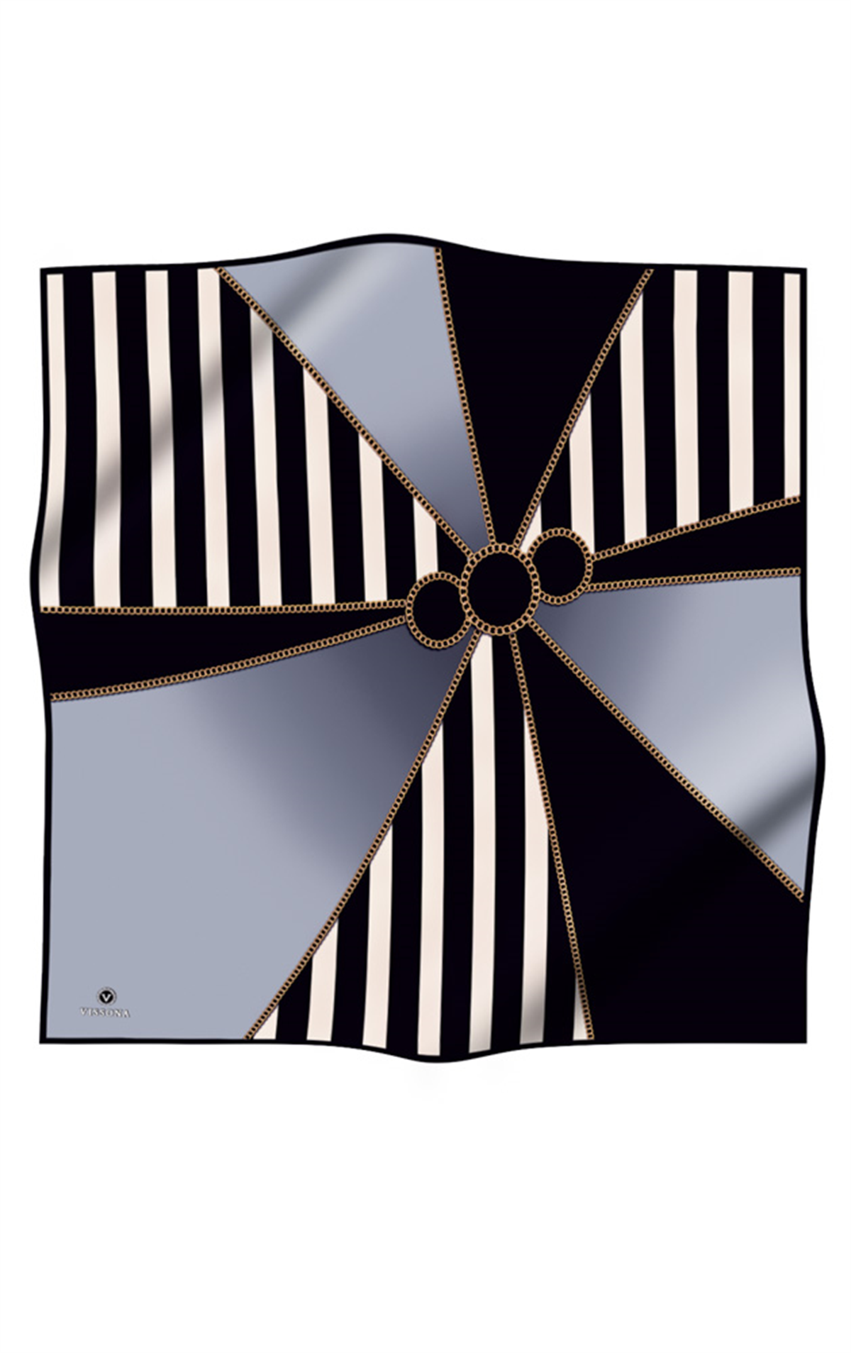 %100 Twill İpek Zincirli Çizgi Desenli Siyah - Gri Renkli 90x90 Eşarp Dikim Şekli : El Dikişi