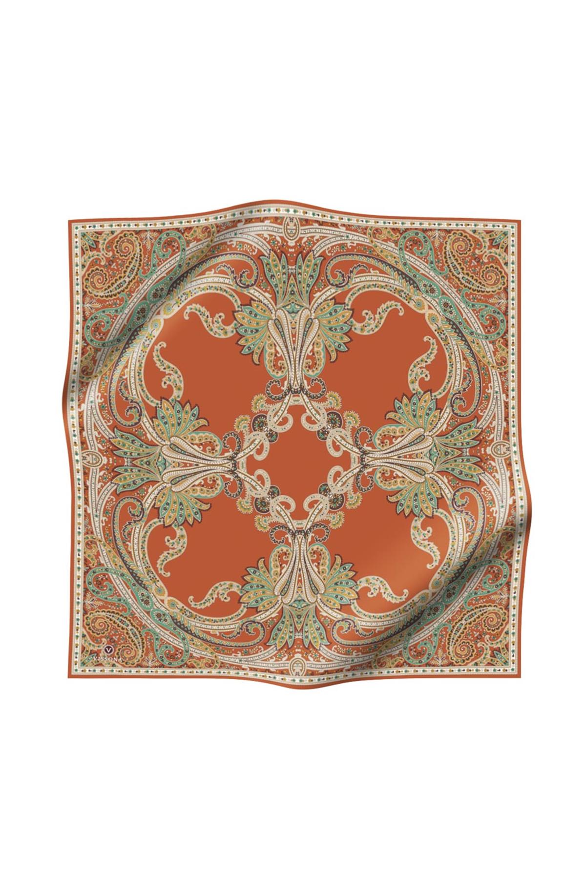 %100 Twill İpek Şal Desenli Taba Renkli 90x90 Eşarp Dikim Şekli : El Dikişi