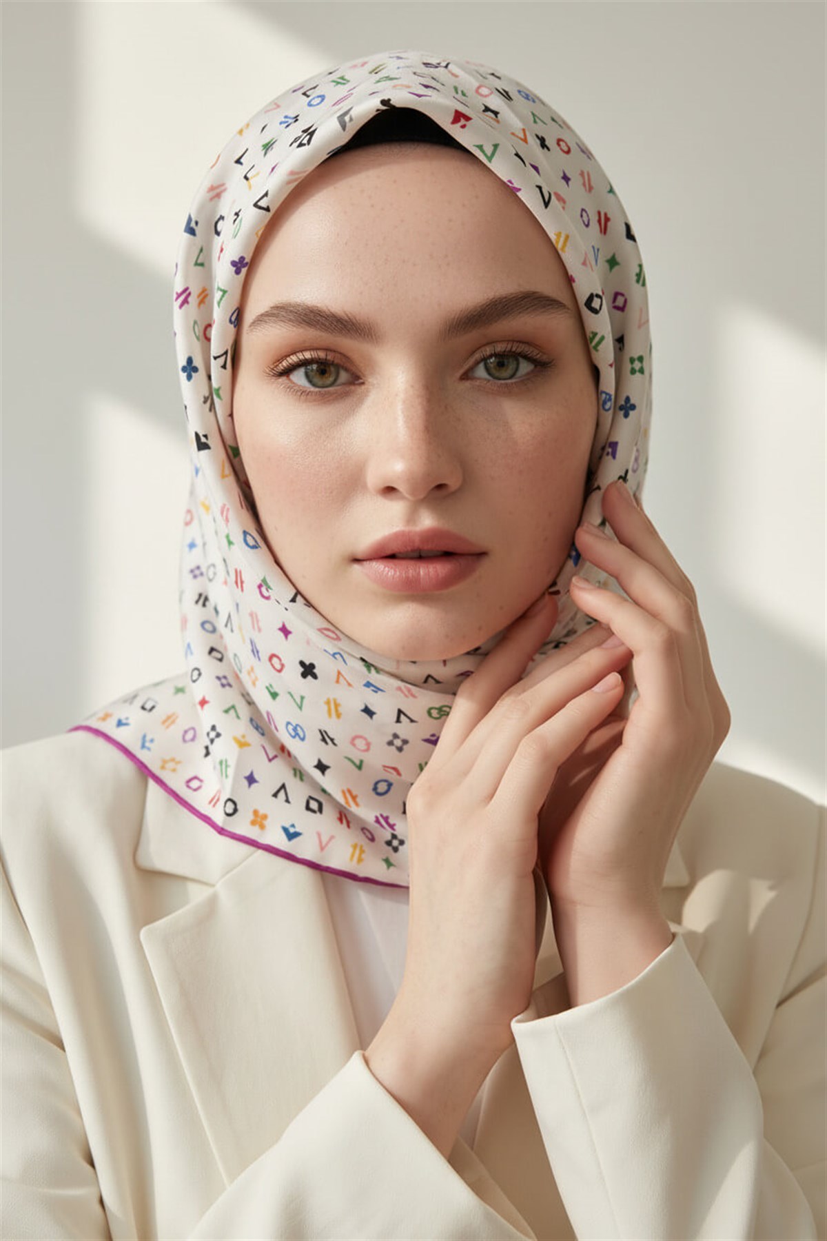 %100 Twill İpek Çıtır Motif Desenli Krem - Fuşya Renkli 90x90 Eşarp Dikim Şekli : El Dikişi