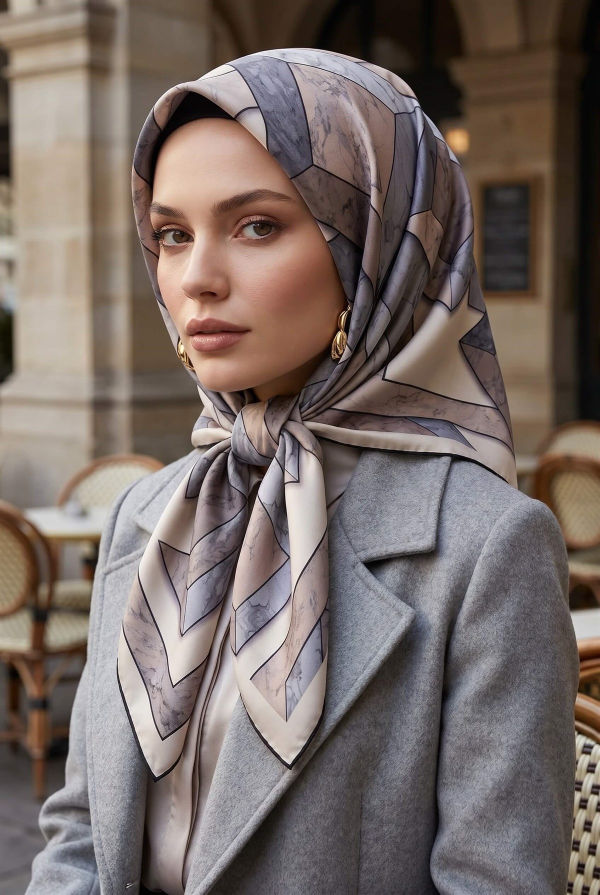 %100 Twill İpek Mermer Desenli Bej - Gri Renkli 90x90 Eşarp Dikim Şekli : El Dikişi