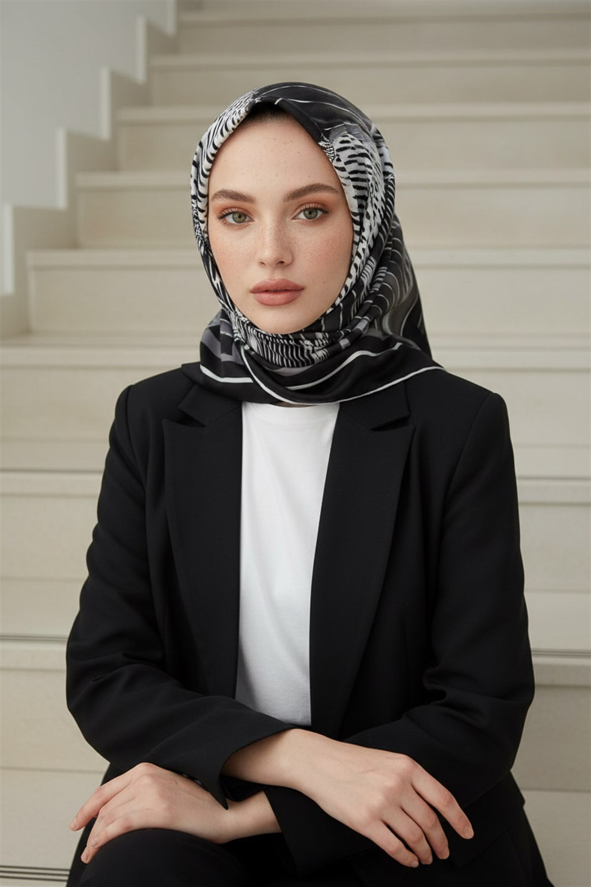 %100 Twill İpek Geometrik Desenli Siyah - Beyaz Renkli 90x90 Eşarp Dikim Şekli : El Dikişi