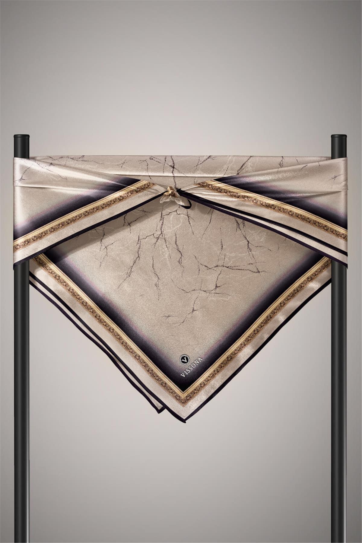 %100 Twill İpek Mermer Desenli Taş Renkli 90x90 Eşarp Dikim Şekli : El Dikişi