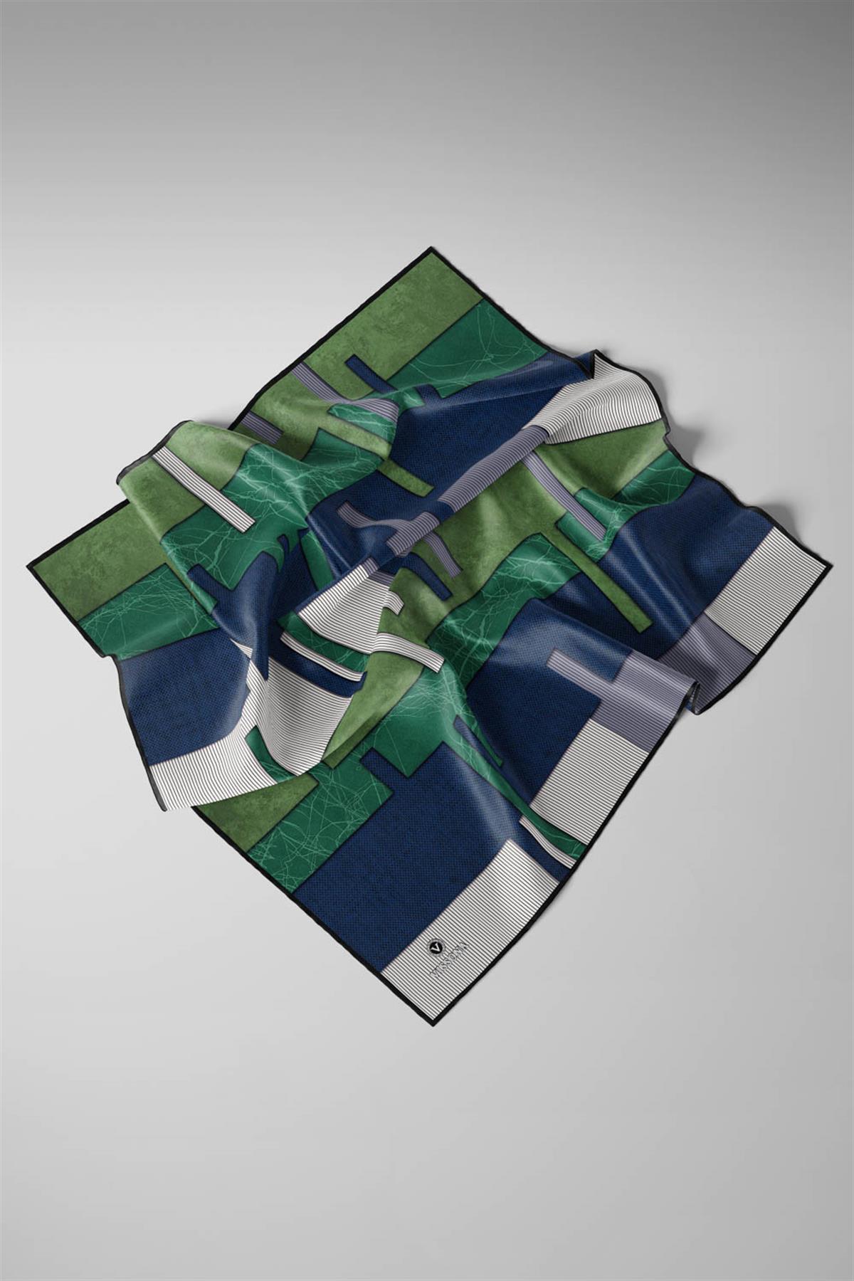 %100 Twill İpek Geometrik Desenli Siyah - Zümrüt Yeşili Renkli 90x90 Eşarp Dikim Şekli : El Dikişi