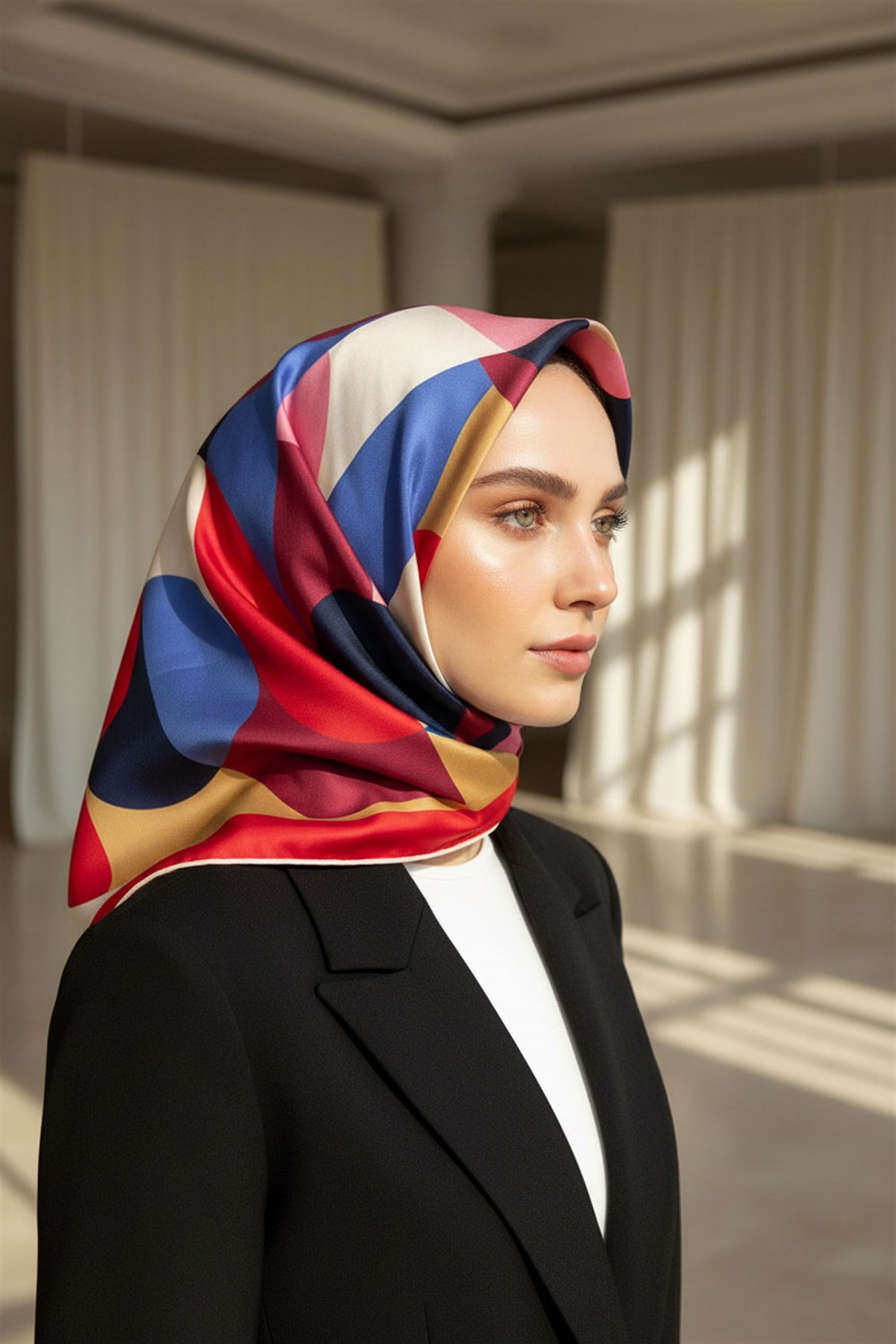 %100 Twill Renk Bloklu Çizgili Desenli Kırmızı - Lacivert Renkli 90x90 Eşarp Dikim Şekli: El Dikişii