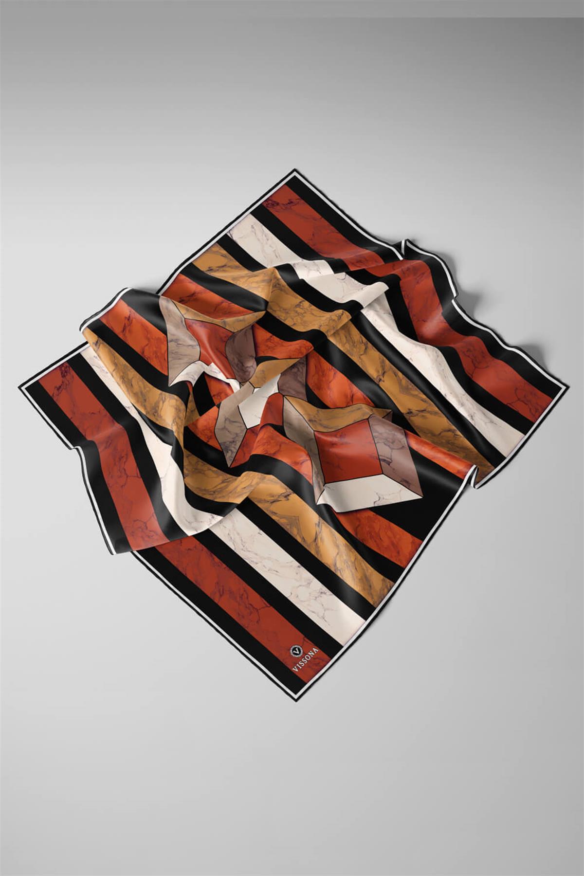 %100 Twill İpek Geometrik Mermer Desenli Siyah - Taba Renkli 90x90 Eşarp Dikim Şekli : El Dikişi