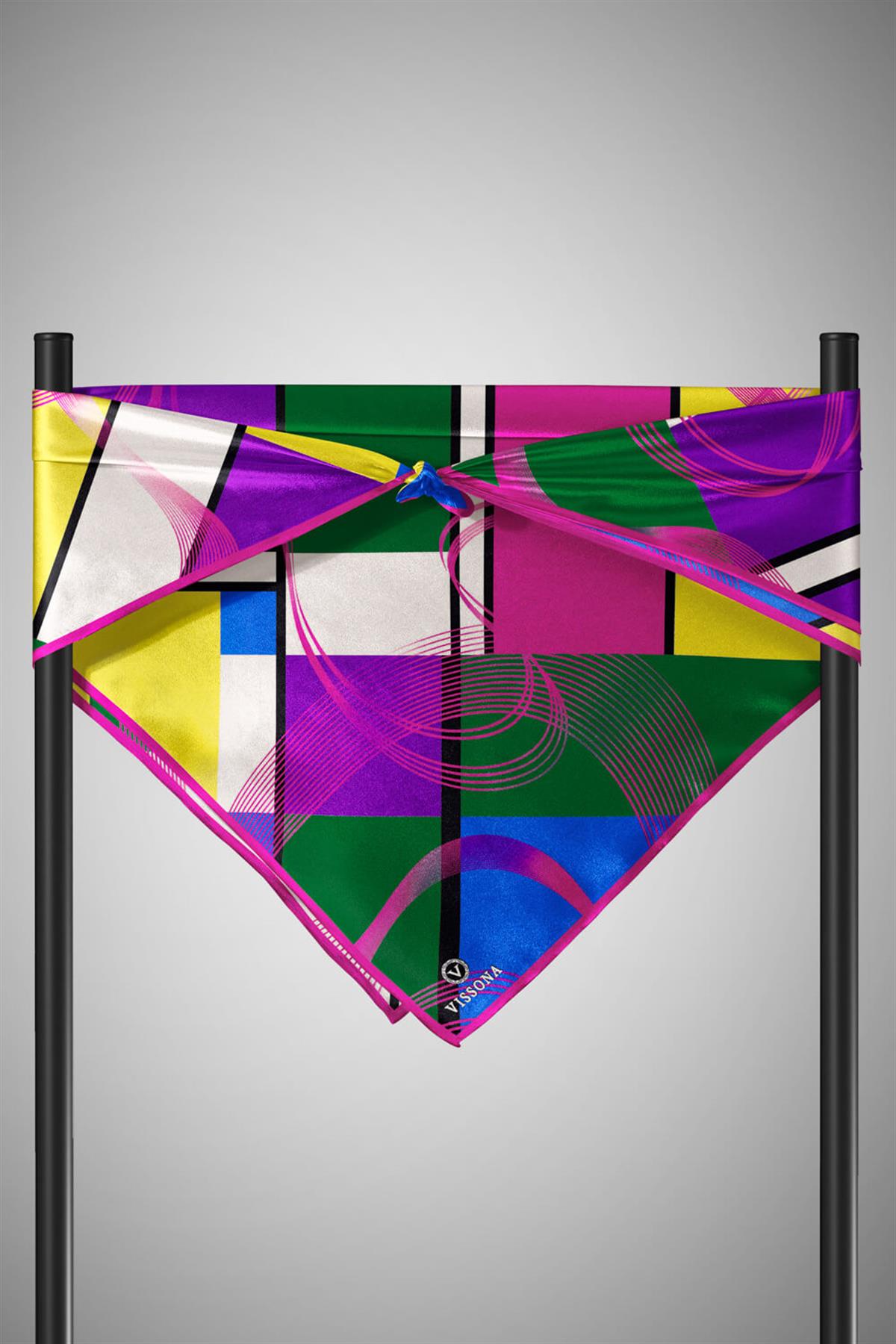 %100 Twill İpek Geometrik Desenli Zümrüt Yeşili - Fuşya Renkli 90x90 Eşarp Dikim Şekli : El Dikişi