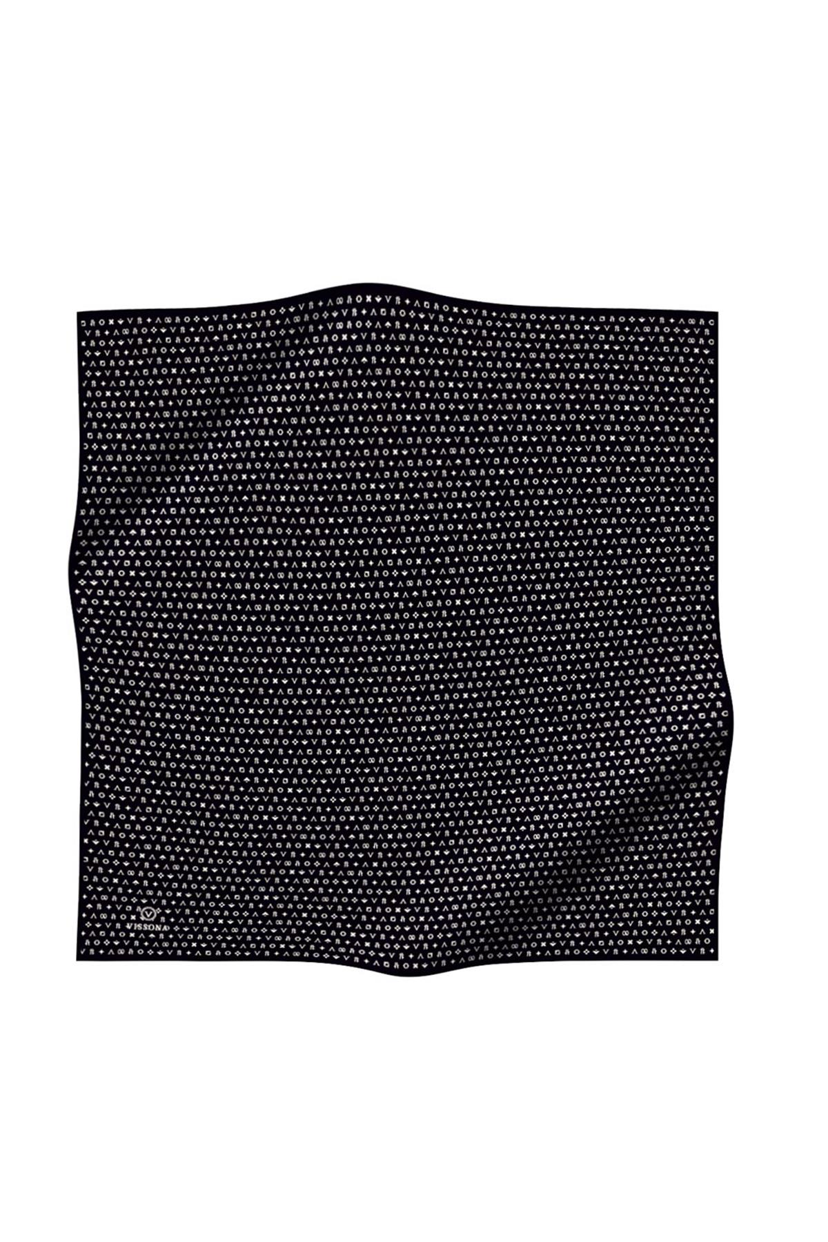 %100 Twill İpek Çıtır Motif Desenli Siyah - Krem Renkli 90x90 Eşarp Dikim Şekli : El Dikişi