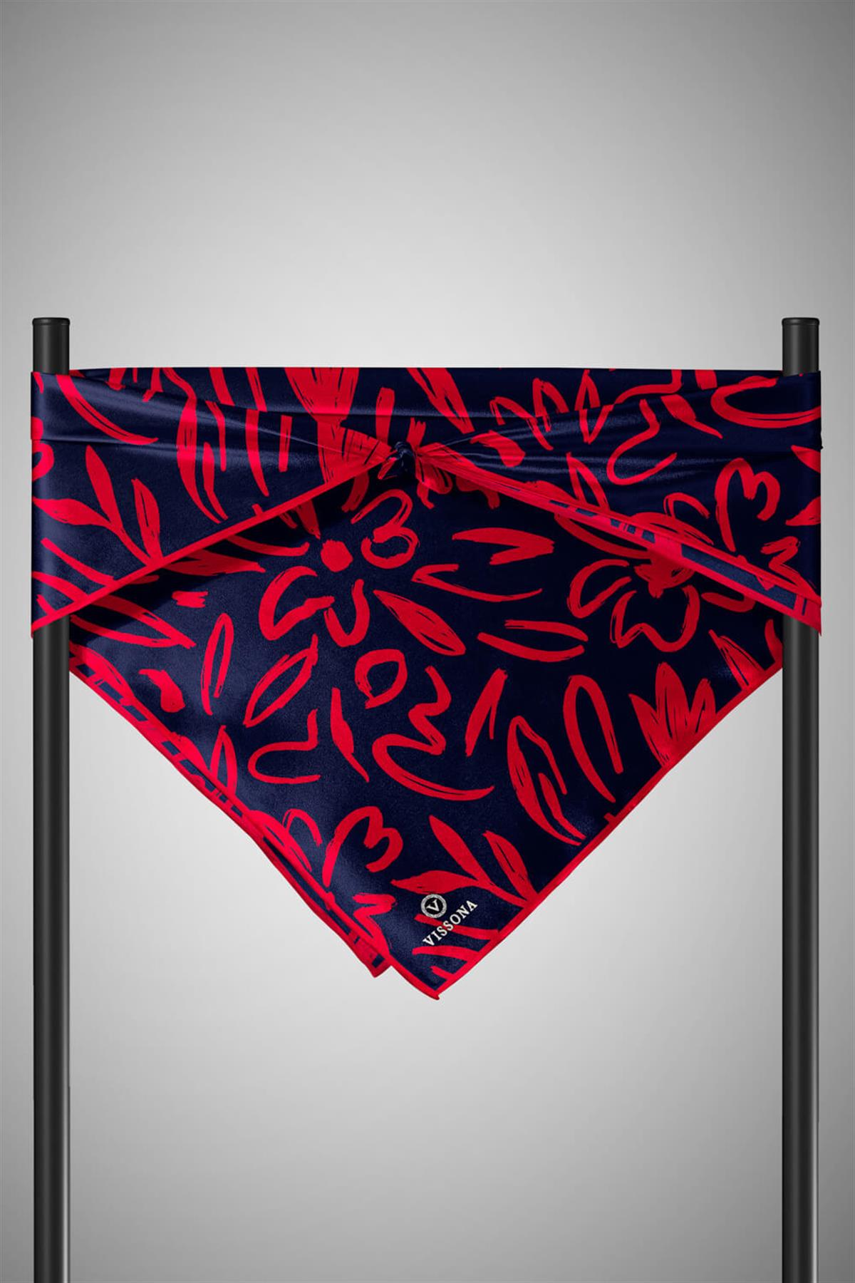 %100 Twill İpek Büyük Çiçek Desenli Lacivert - Kırmızı Renkli 90x90 Eşarp Dikim Şekli : El Dikişi