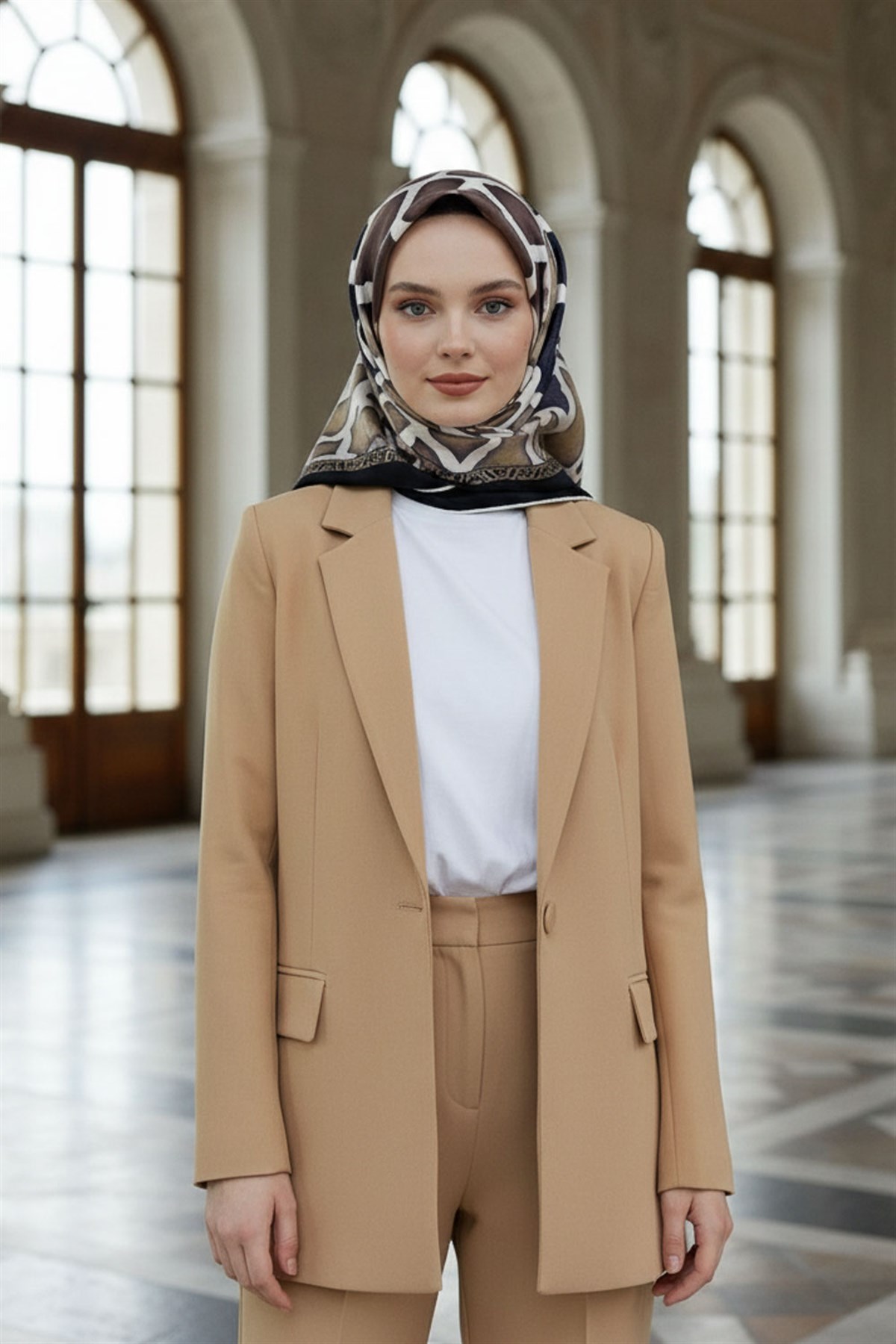 %100 Twill İpek Zürafa Desenli Sütlü Kahve - Bej Renkli 90x90 Eşarp Dikim Şekli : El Dikişi