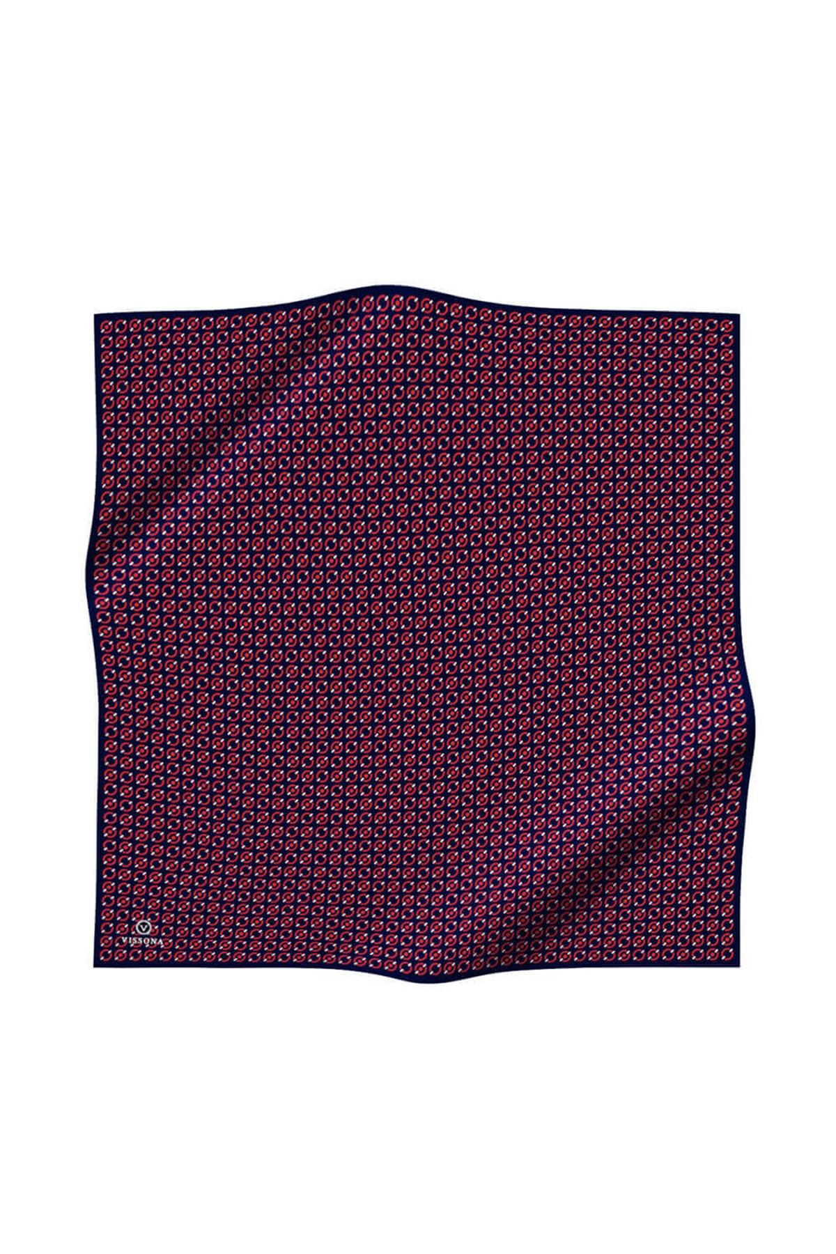 %100 Twill İpek Zincir Desenli Lacivert - Kırmızı Renkli 90x90 Eşarp Kenar Dikiş Şekli El Dikişli