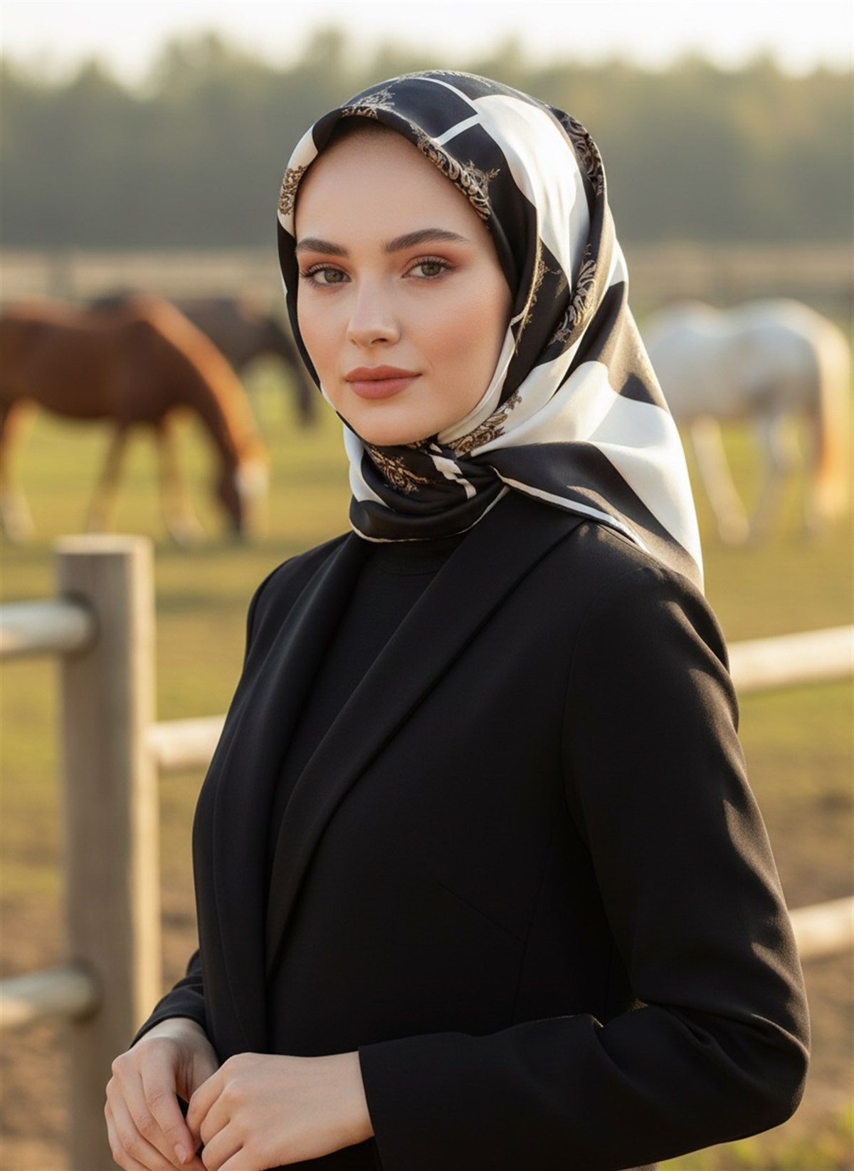 %100 Twill İpek Geometrik ve Barok Desenli Siyah - Krem Renkli 90x90 Eşarp Dikim Şekli : El Dikişi