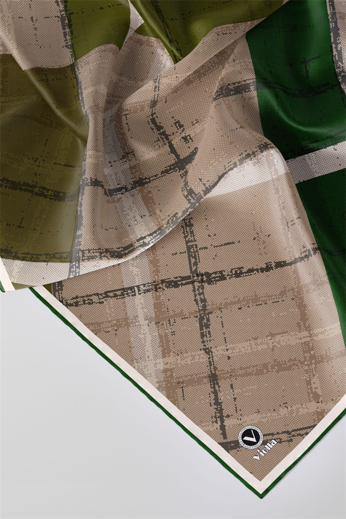 Twill Eskitme Desenli Zümrüt Yeşili Renkli 90x90 Eşarp (İpek İçermez) Kenar Dikiş Şekli El Dikişli