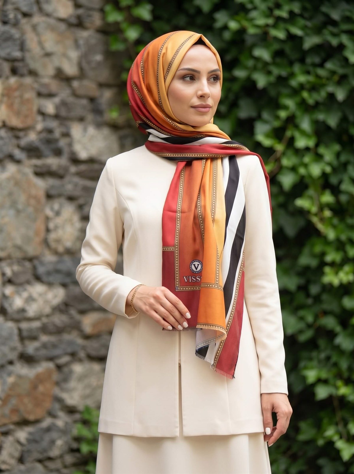 %100 İpek Şerit Desenli Taba - Turuncu Renkli 92x210 Şal