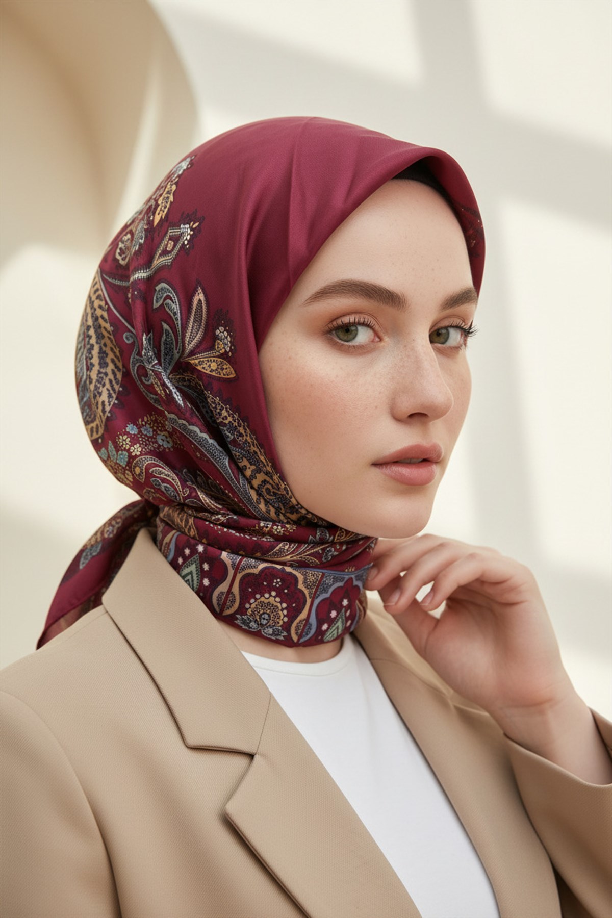 100% Twill İpek Etnik Desenli Bordo Renkli 90x90 Dikim Şekli : El Dikişi Eşarp