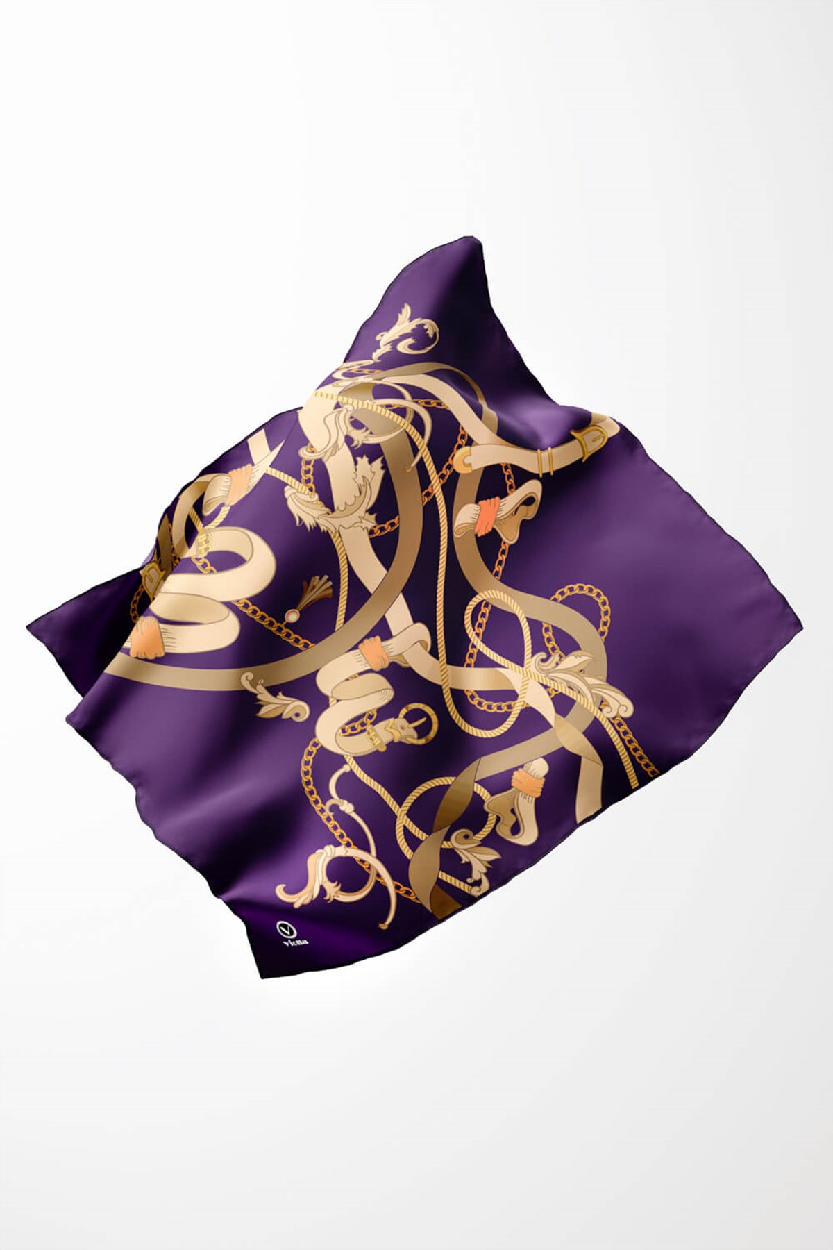 Twill Kemerli Ve Zincir Desenli Mor Renkli 90x90 Eşarp (İpek İçermez) Kenar Dikiş Şekli El Dikişli