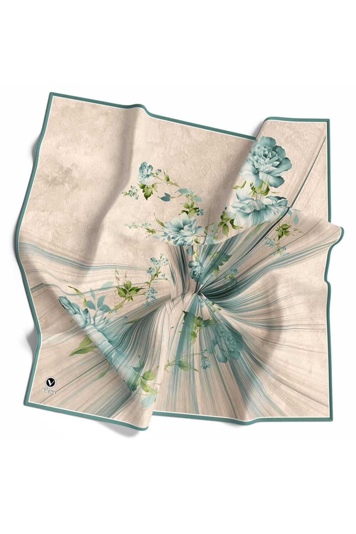 Twill Çiçekli Desenli Mint Yeşili Renkli 90x90 Eşarp (İpek İçermez) Kenar Dikiş Şekli El Dikişli