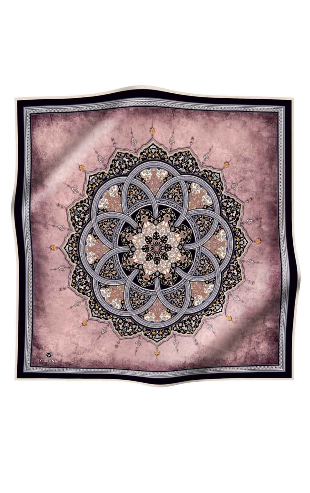 % 57 İPEK % 43 VİSKON Twill İpek Şal Desenli Pudra - Siyah Renkli 90x90 Eşarp Dikim Şekli : El Dikişi