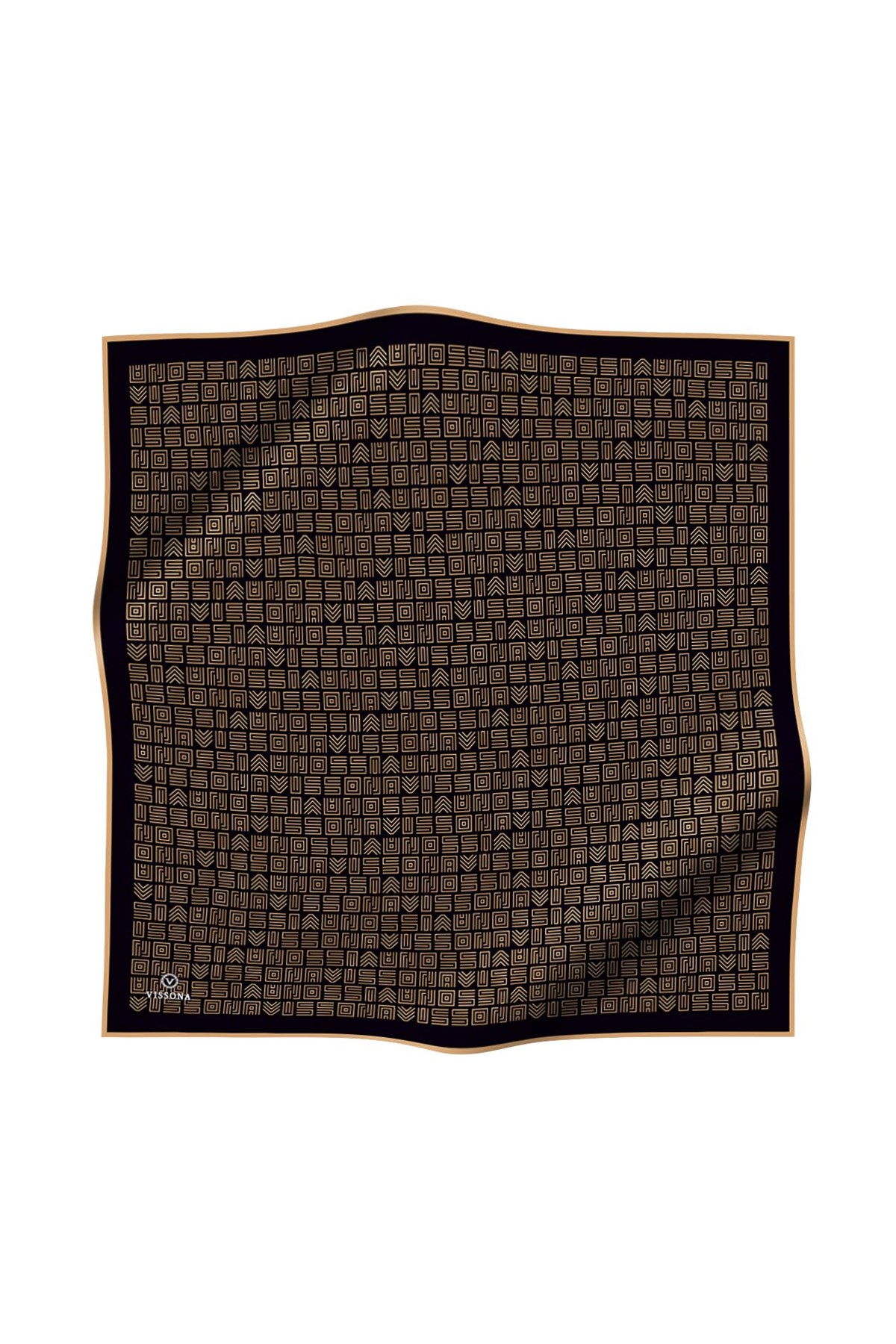 %57 İPEK %43 VİSKON Twill İpek Etnik Motif Desenli Siyah - Gold Renkli 90x90 Eşarp Dikim Şekli : El Dikişi