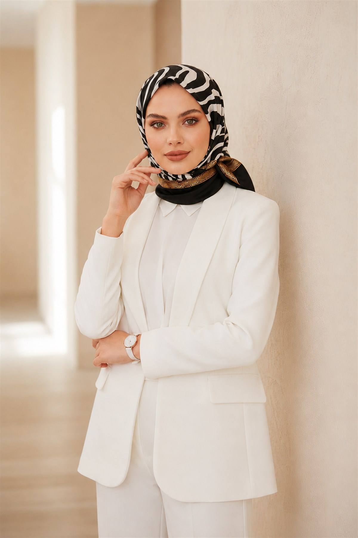 % 57 İPEK % 43 VİSKON Twill İpek Zebra Desenli Siyah - Beyaz Renkli 90x90 Eşarp Dikim Şekli : El Dikişi