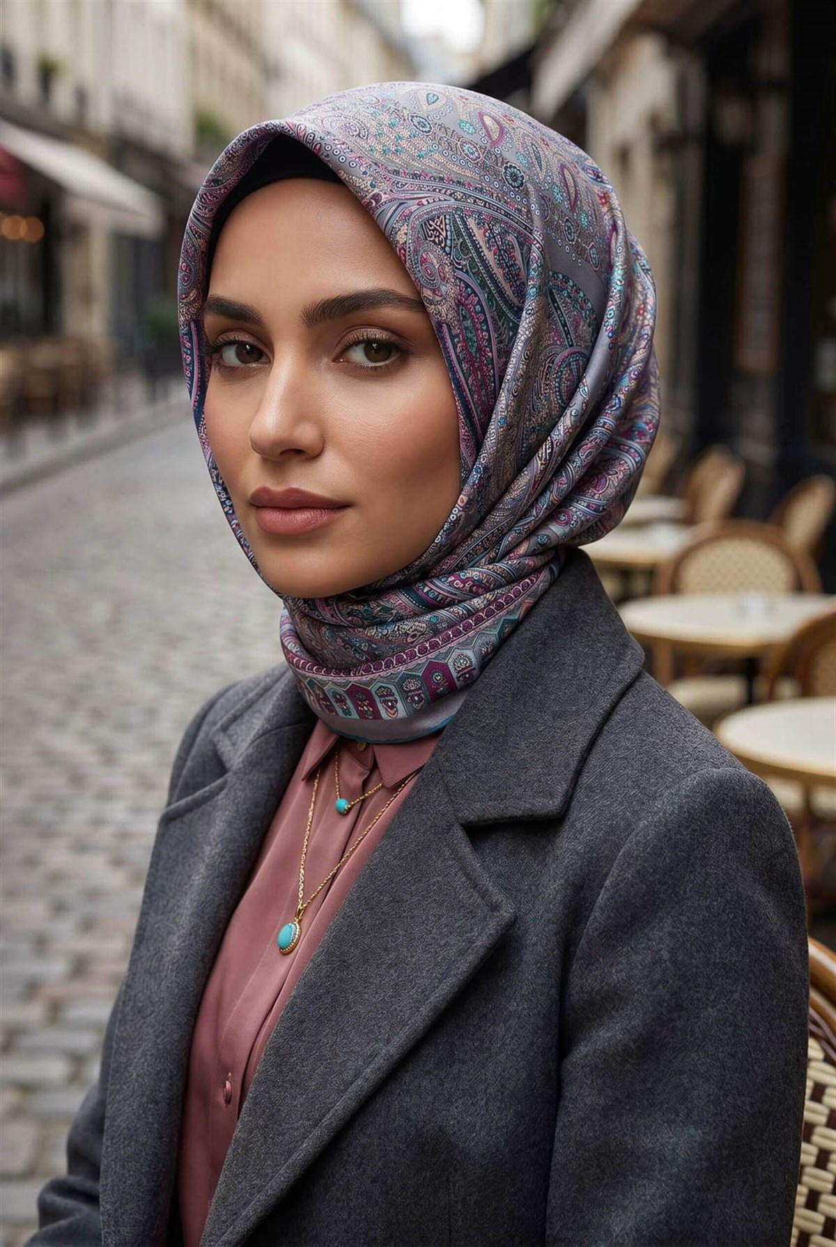 %100 Twill İpek Etro Desenli Gri Renkli 90x90 Eşarp Dikim Şekli : El Dikişi