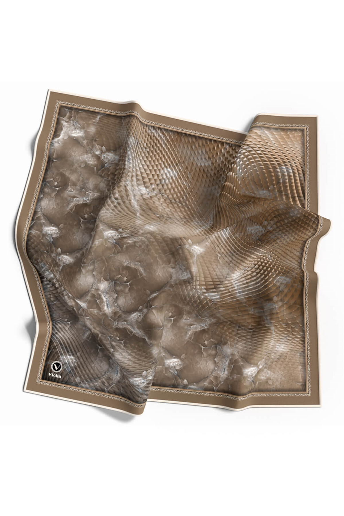 Twill Batik Desenli Bej Renkli 90x90 Eşarp (İpek İçermez) Kenar Dikiş Şekli El Dikişli