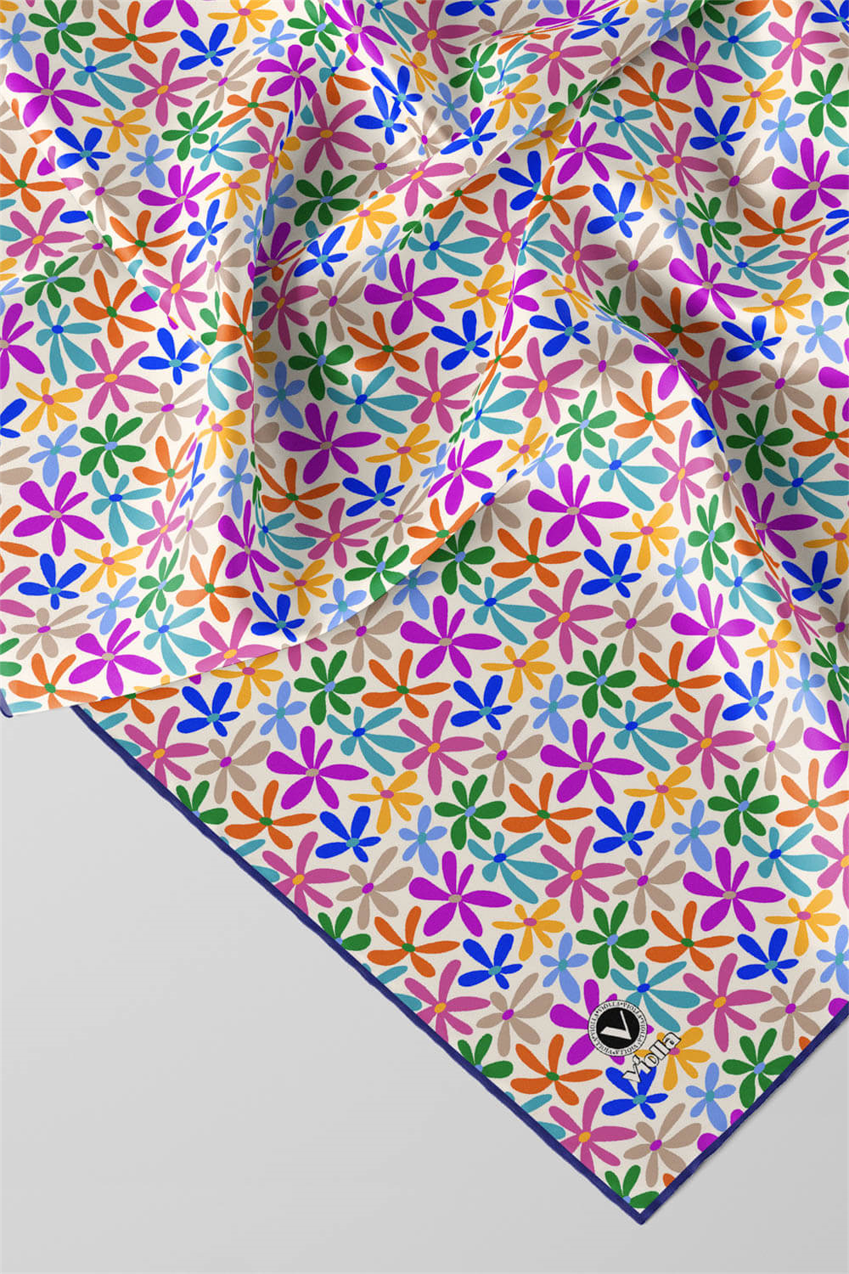 Twill Renkli Çiçek Desenli Lacivert Renkli 90x90 Eşarp (İpek İçermez) Kenar Dikiş Şekli El Dikişli