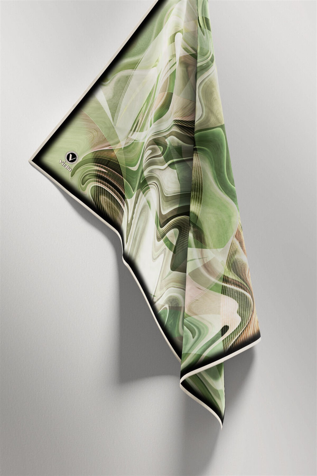 Twill Soyut Dalga Desenli Zümrüt Yeşili Renkli 90x90 Eşarp (İpek İçermez) Dikim Şekli : El Dikişi