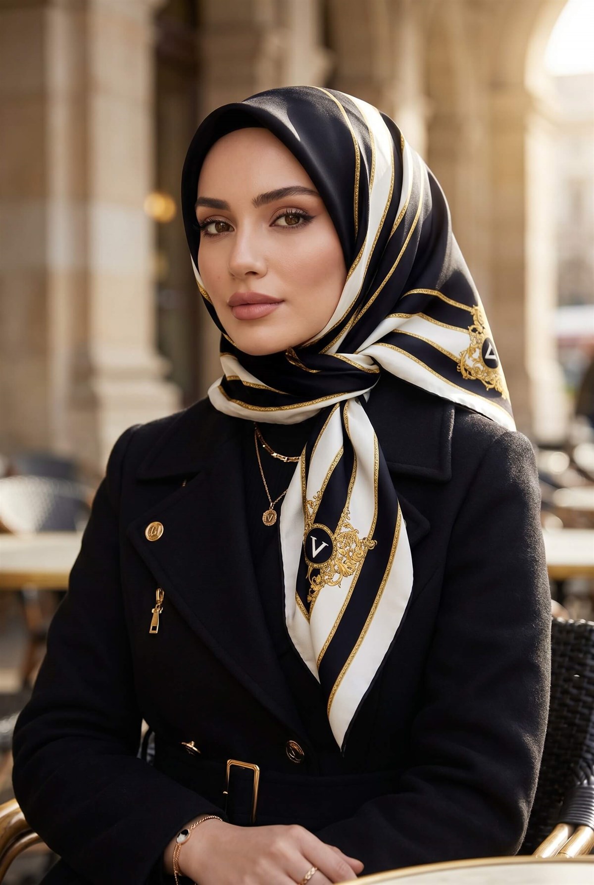 %100 Twill İpek Barok Ve Şerit Desenli Siyah - Krem Renkli 90x90 Eşarp Dikim Şekli : El Dikişi