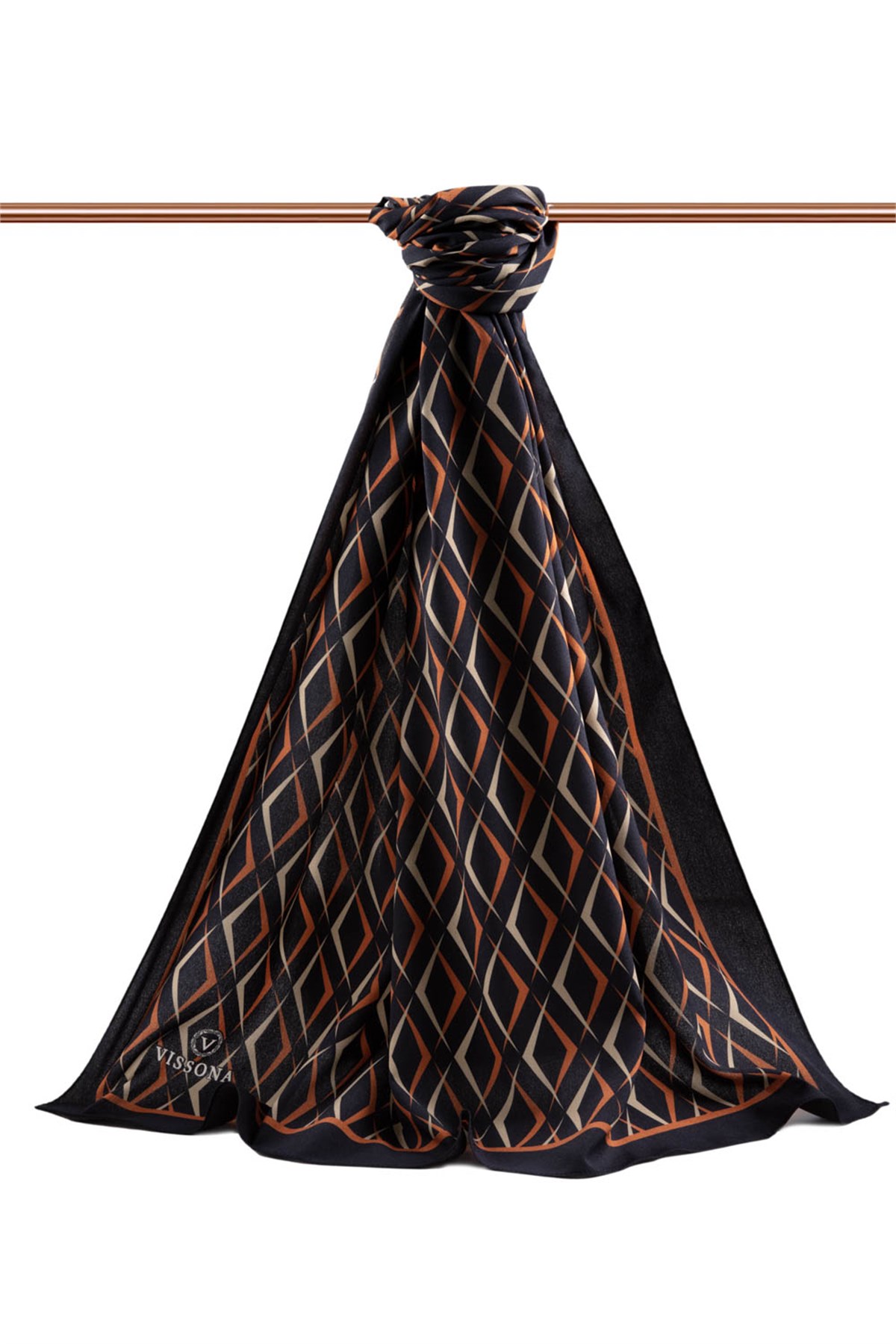 KREP GEOMETRİK DESENLİ SİYAH - TABA RENKLİ 75X195 KIRIŞMAZ ŞAL