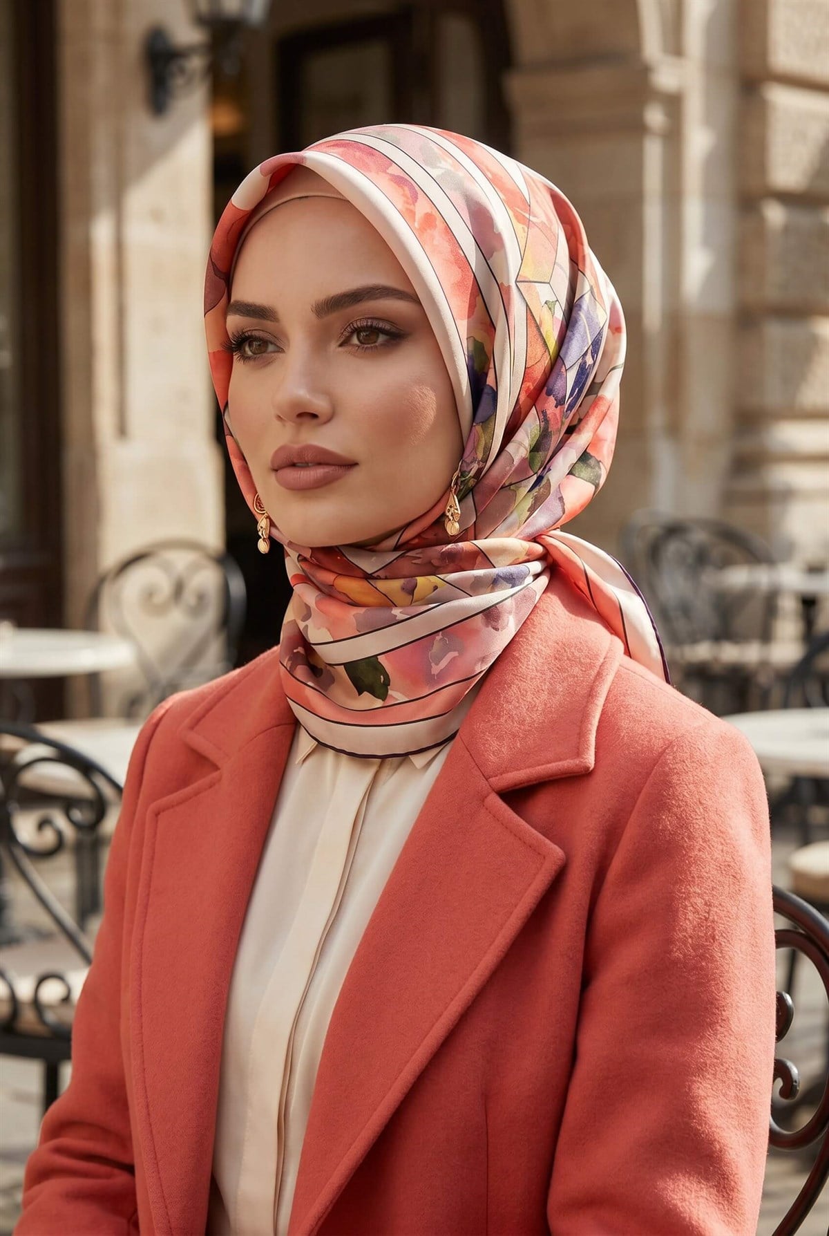 %100 Twill İpek Bahar Çiçekleri Desenli Pudra - Bebe Mavisi Renkli 90x90 Eşarp Kenar Dikiş Şekli El Dikişli