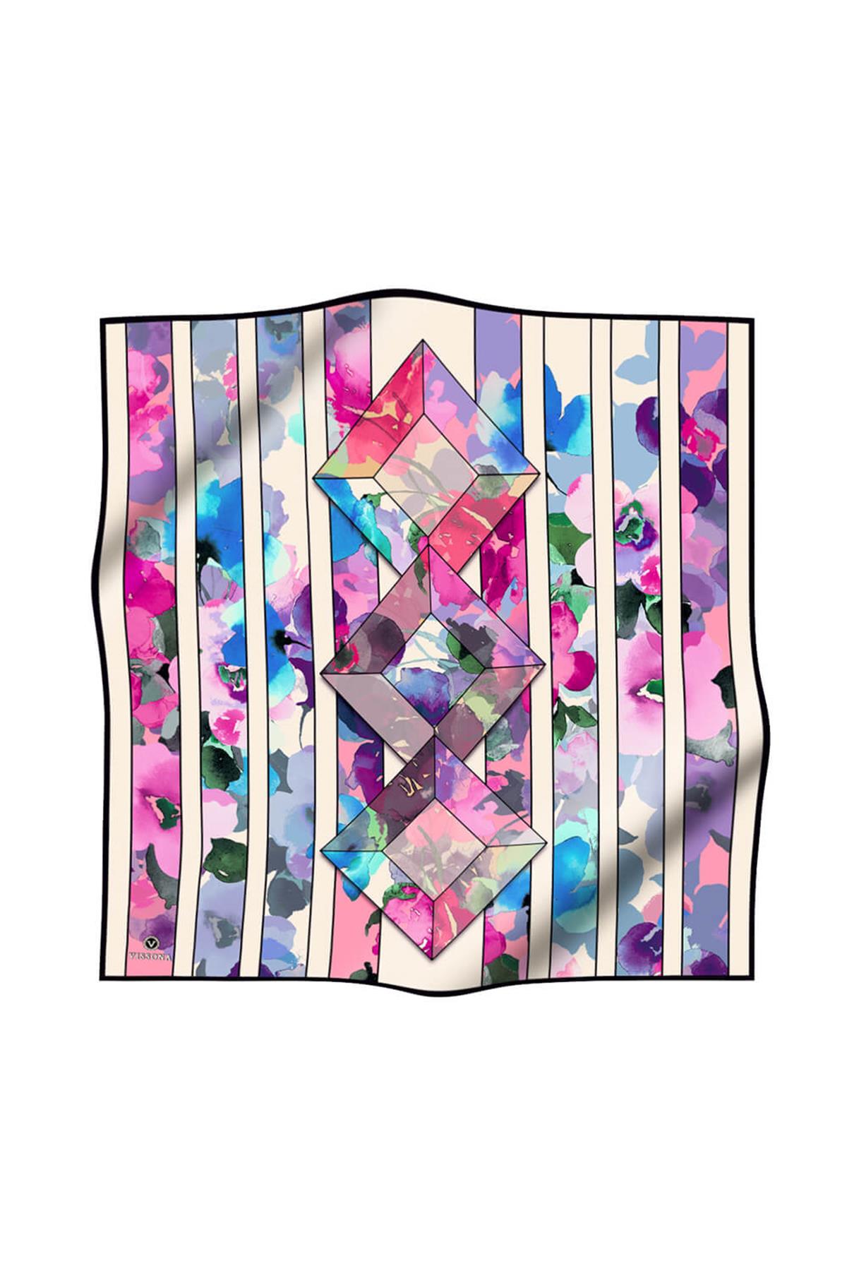 %100 Twill İpek Bahar Çiçekleri Desenli İndigo - Fuşya Renkli 90x90 Eşarp Kenar Dikiş Şekli El Dikişli