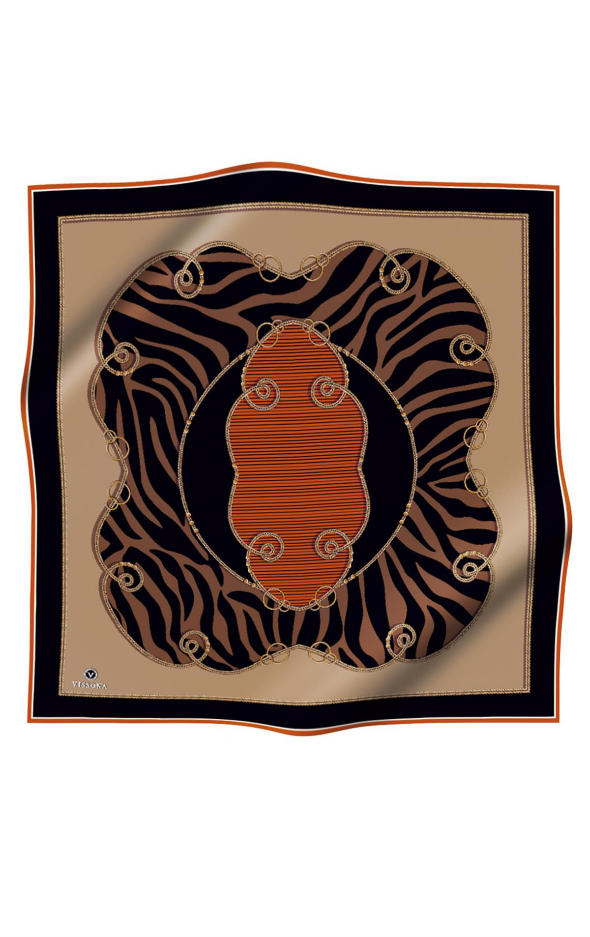 %100 Twill İpek Zincirli Ve Zebra Desenli Taba - Bej Renkli 90x90 Eşarp Dikim Şekli : El Dikişi