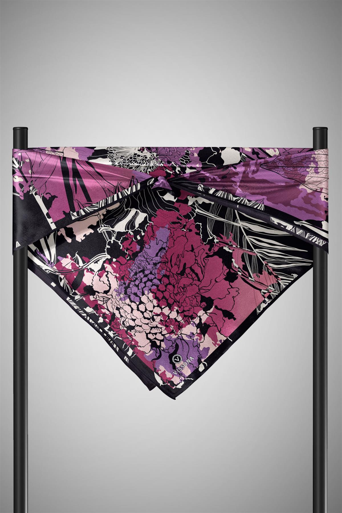 %100 Twill İpek Yaprak Desenli Mor - Mürdüm Renkli 90x90 Eşarp Dikim Şekli : El Dikişi