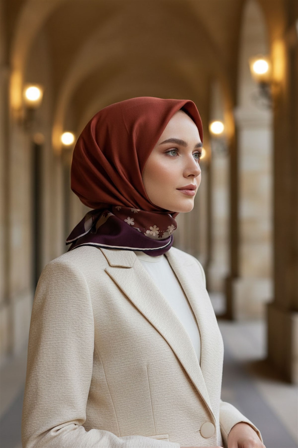 %100 Twill İpek Kenar Motifi Çiçek Desenli Taba - Siyah Renkli 90x90 Eşarp Dikim Şekli : El Dikişi