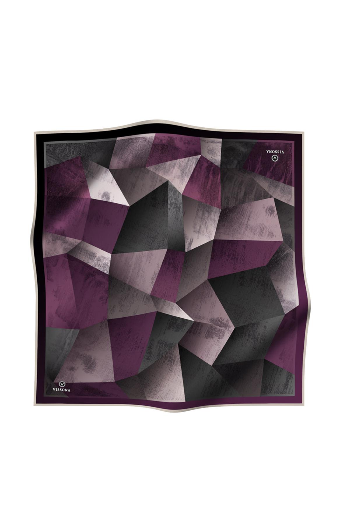 %100 Twill İpek Geometrik Desenli Gri - Gül Kurusu Renkli 90x90 Eşarp Dikim Şekli : El Dikişi