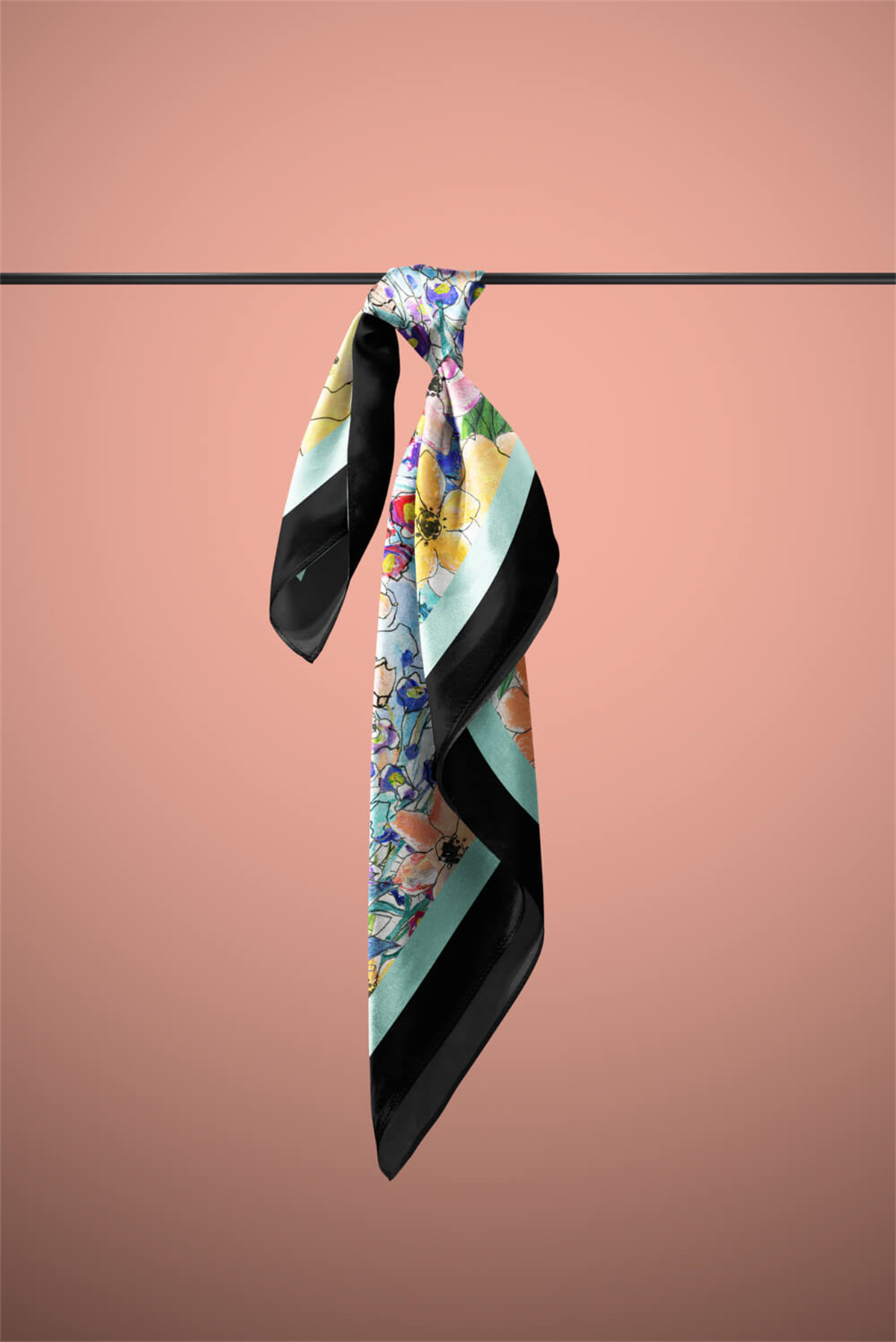 F43 Kadın Su Yeşili Siyah Jardin Desenli 50x50 Bandana HYL DG01111-22